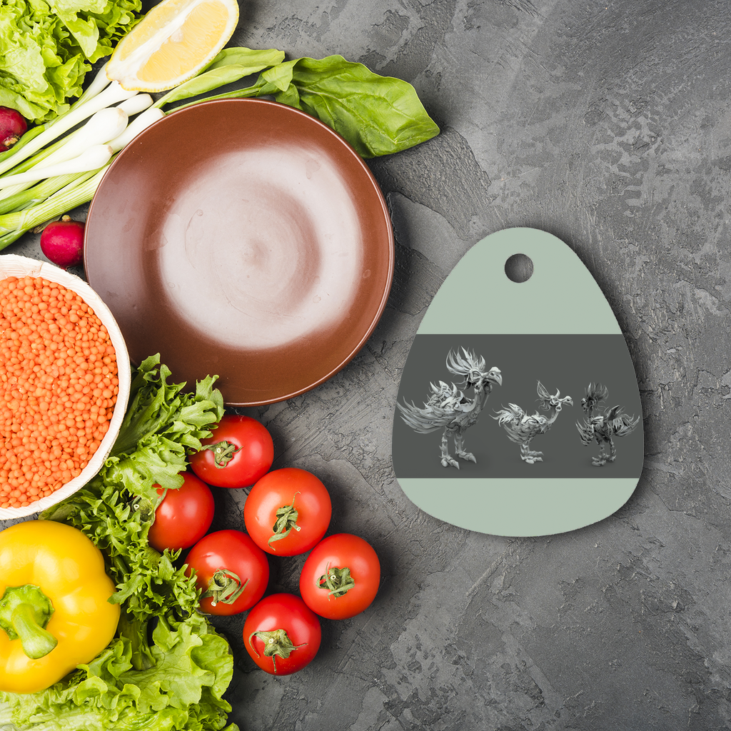 Squawkers the Ostrich Mount Sublimation Glass Cutting Board with a round shape, featuring a water droplet design and four rubber feet for stability.