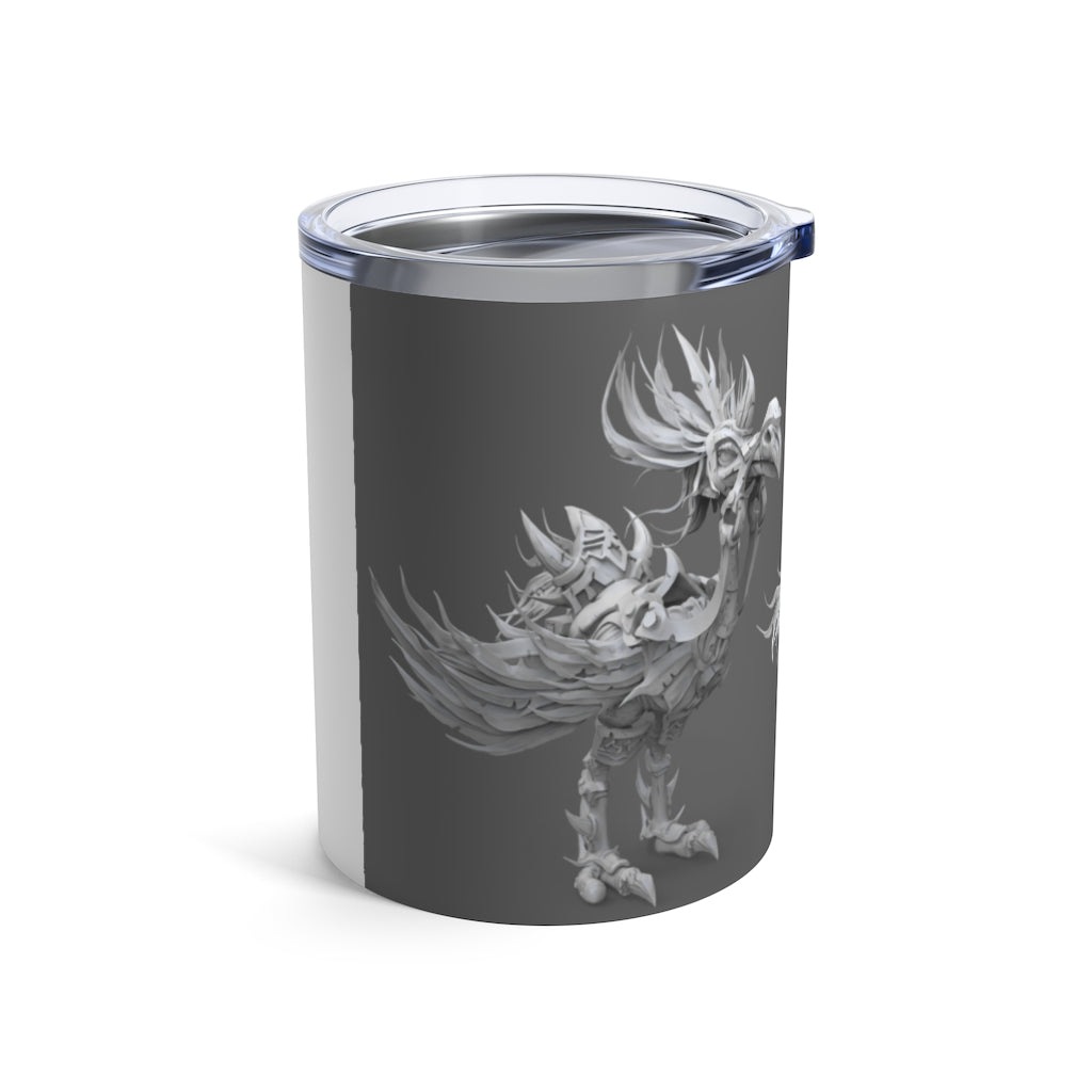 Squawkers the Ostrich Mount Tumbler in stainless steel with a see-thru plastic lid, showcasing its sleek design and 10oz capacity.