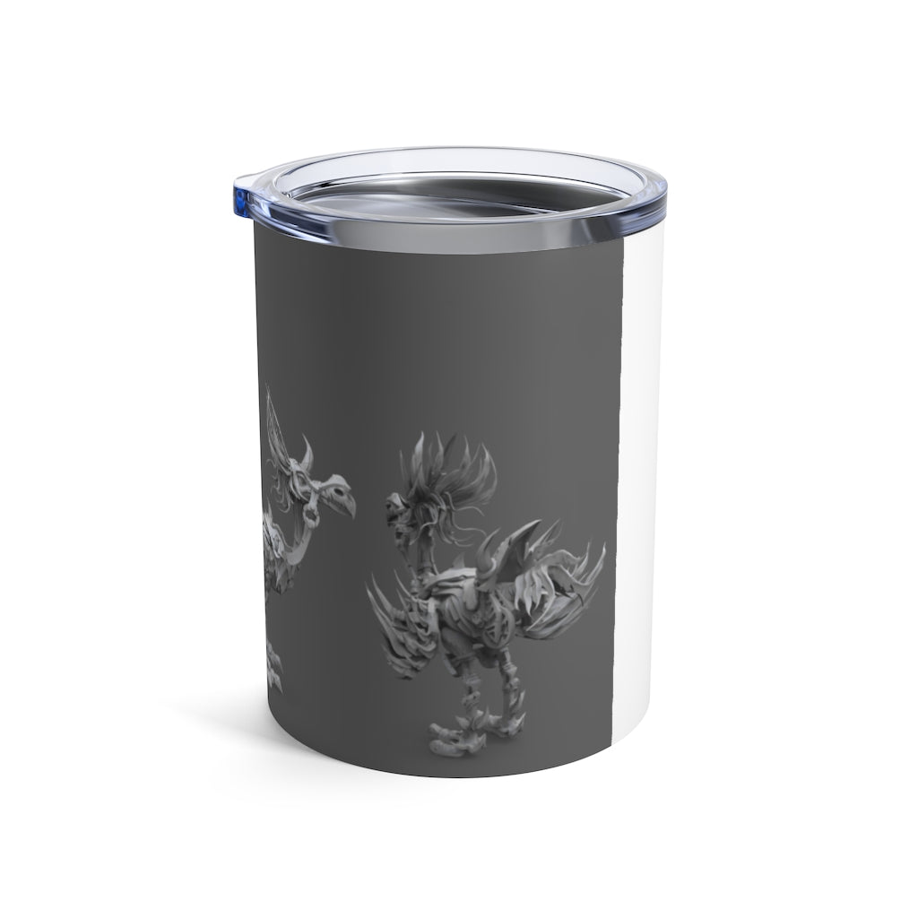 Squawkers the Ostrich Mount Tumbler in stainless steel with a see-thru plastic lid, showcasing its sleek design and 10oz capacity.