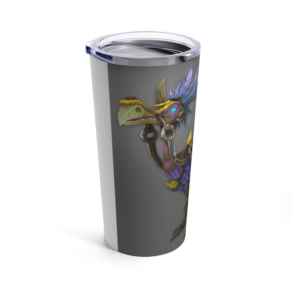 Squawkers the Ostrich Mount Tumbler, a stylish 20oz stainless steel travel tumbler with a vibrant ostrich mount design and a see-thru plastic lid.