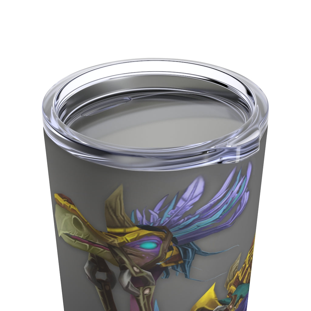 Squawkers the Ostrich Mount Tumbler, a stylish 20oz stainless steel travel tumbler with a vibrant ostrich mount design and a see-thru plastic lid.