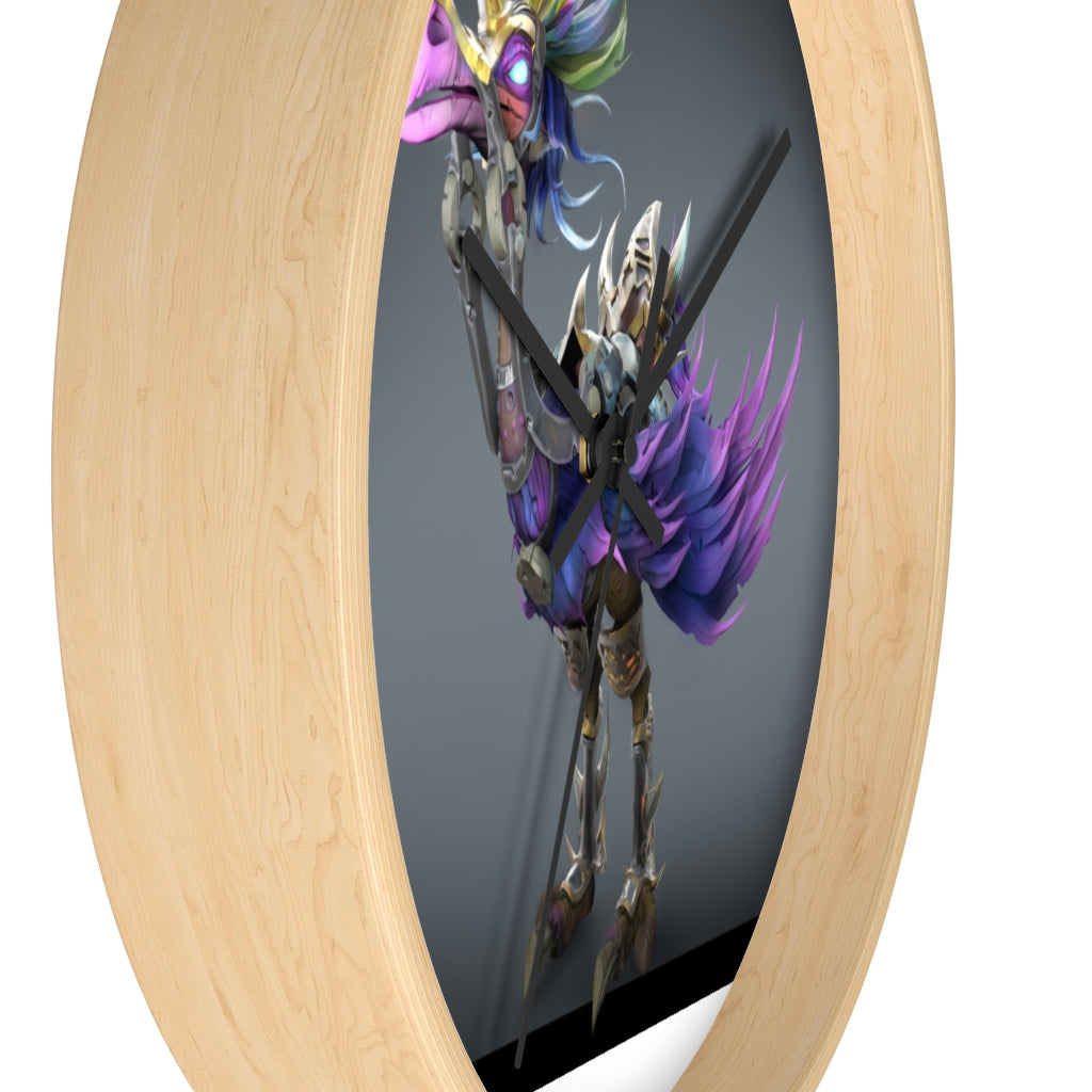 Squawkers the Ostrich Wall Clock featuring a whimsical ostrich design with a wooden frame and plexiglass face.