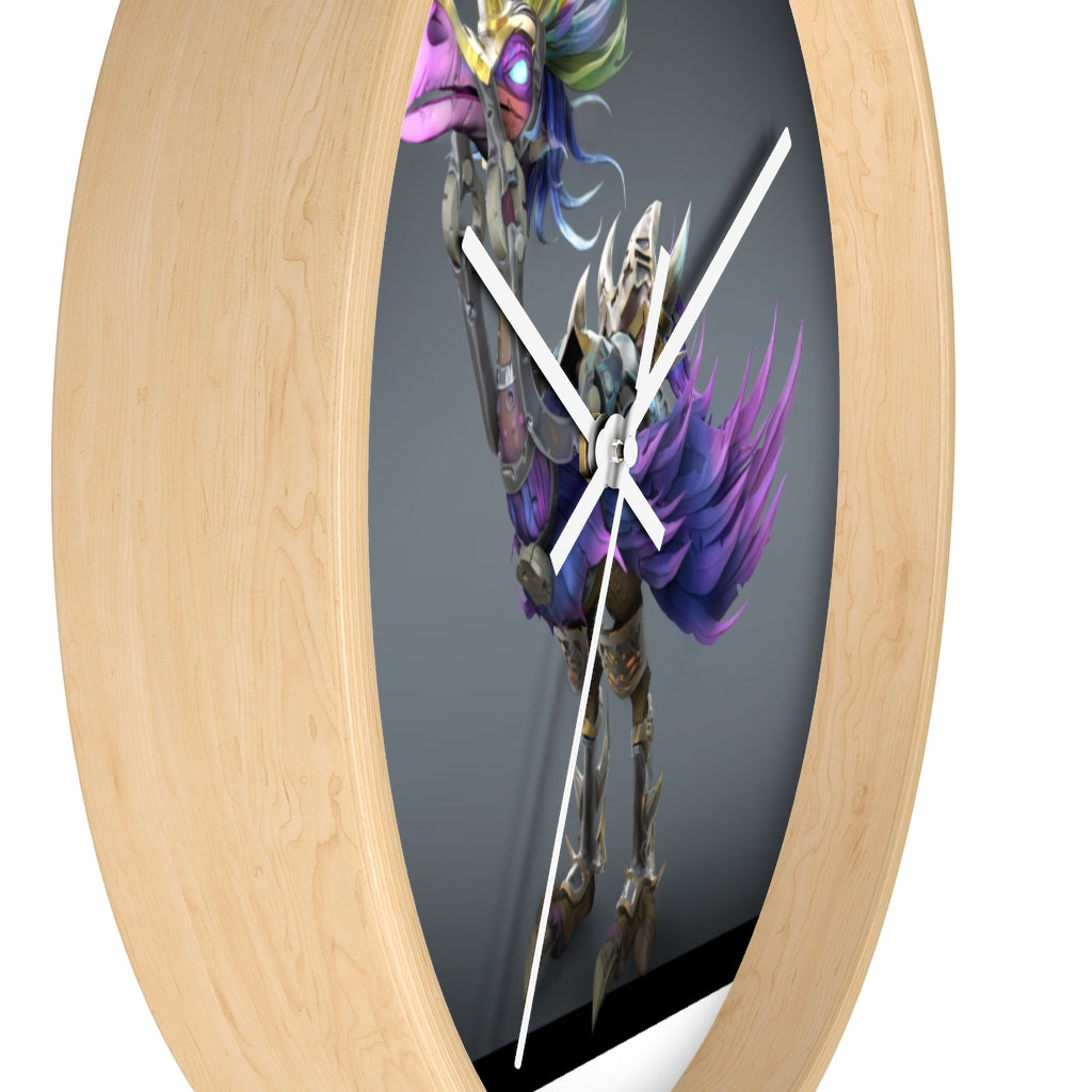 Squawkers the Ostrich Wall Clock featuring a whimsical ostrich design with a wooden frame and plexiglass face.