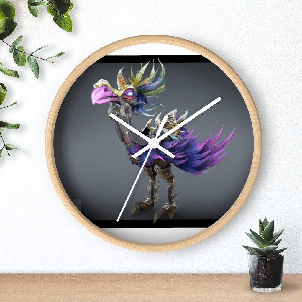 Squawkers the Ostrich Wall Clock featuring a whimsical ostrich design with a wooden frame and plexiglass face.