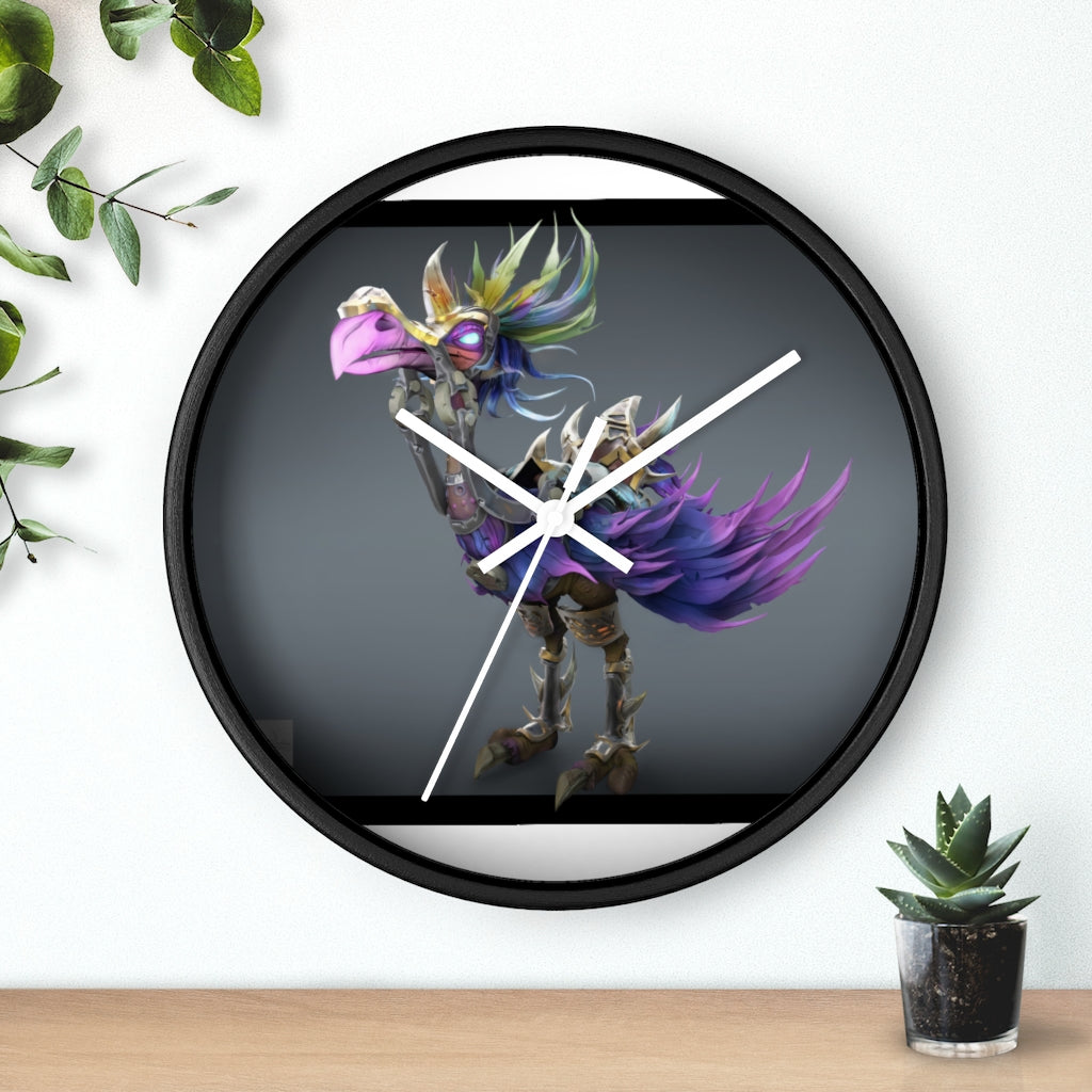 Squawkers the Ostrich Wall Clock featuring a whimsical ostrich design with a wooden frame and plexiglass face.