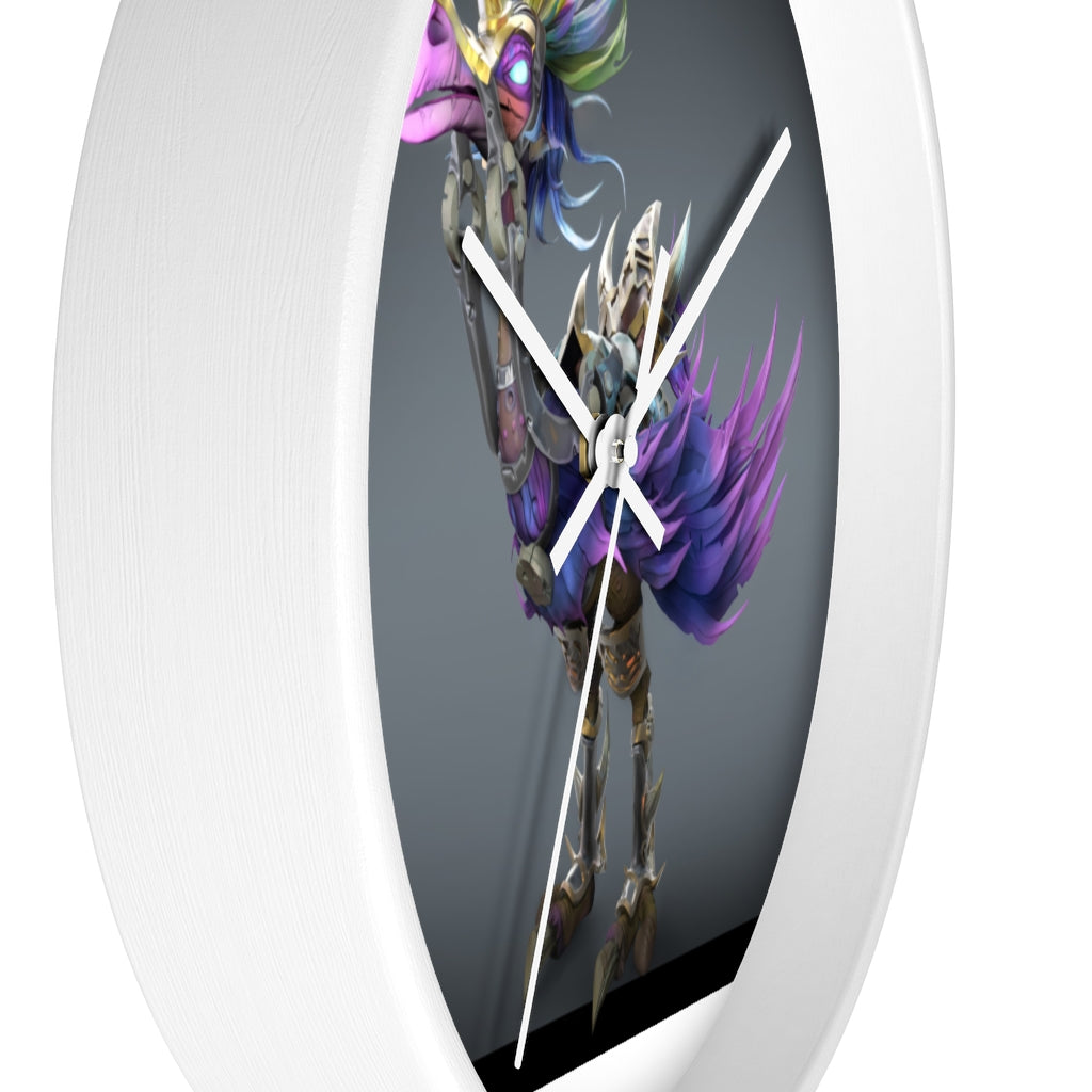 Squawkers the Ostrich Wall Clock featuring a whimsical ostrich design with a wooden frame and plexiglass face.