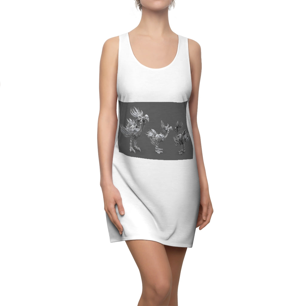 A stylish women's racerback dress featuring a unique Squawkers the Ostrich Mount print, designed for comfort and versatility.