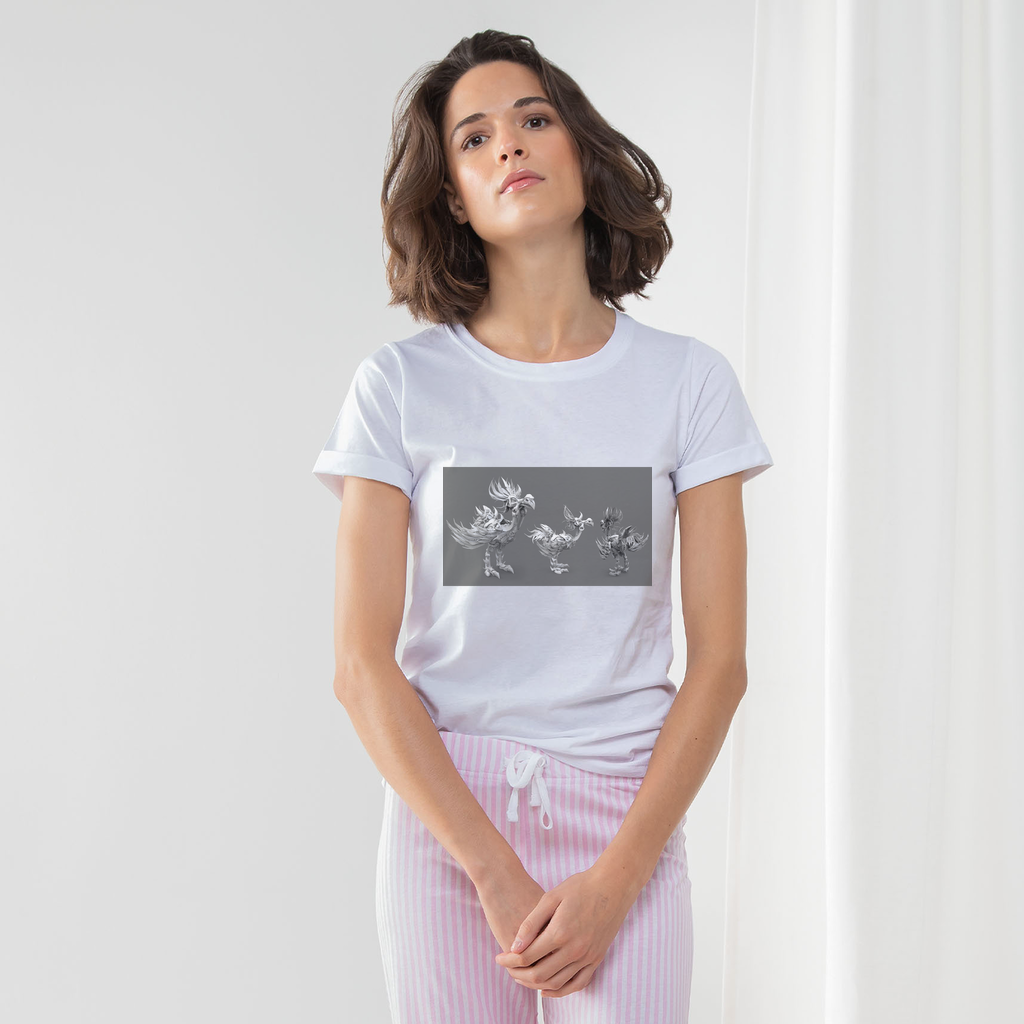 Squawkers the Ostrich Mount Women's Long Pant Pyjama Set featuring a white t-shirt, heather grey and light pink striped pants, and a matching drawcord bag.