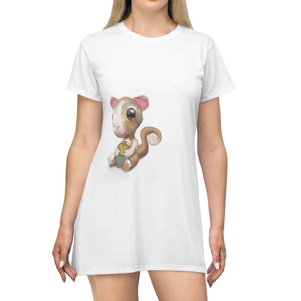 A stylish Squirrel All Over Print T-Shirt Dress featuring a playful squirrel design, made from lightweight polyester fabric.