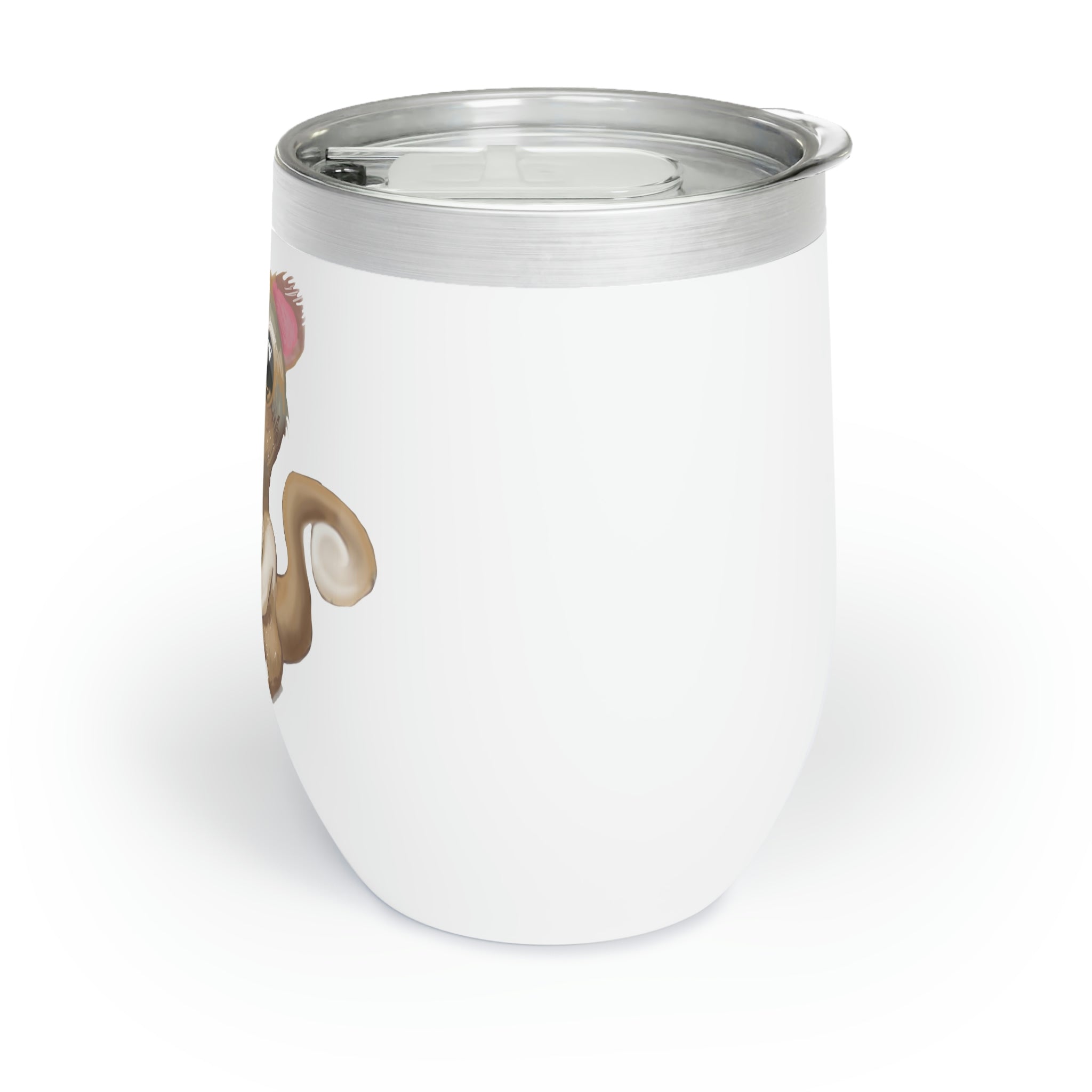 Squirrel Chill Wine Tumbler in stainless steel with a customizable design, showcasing its double-insulated walls and stemless shape.