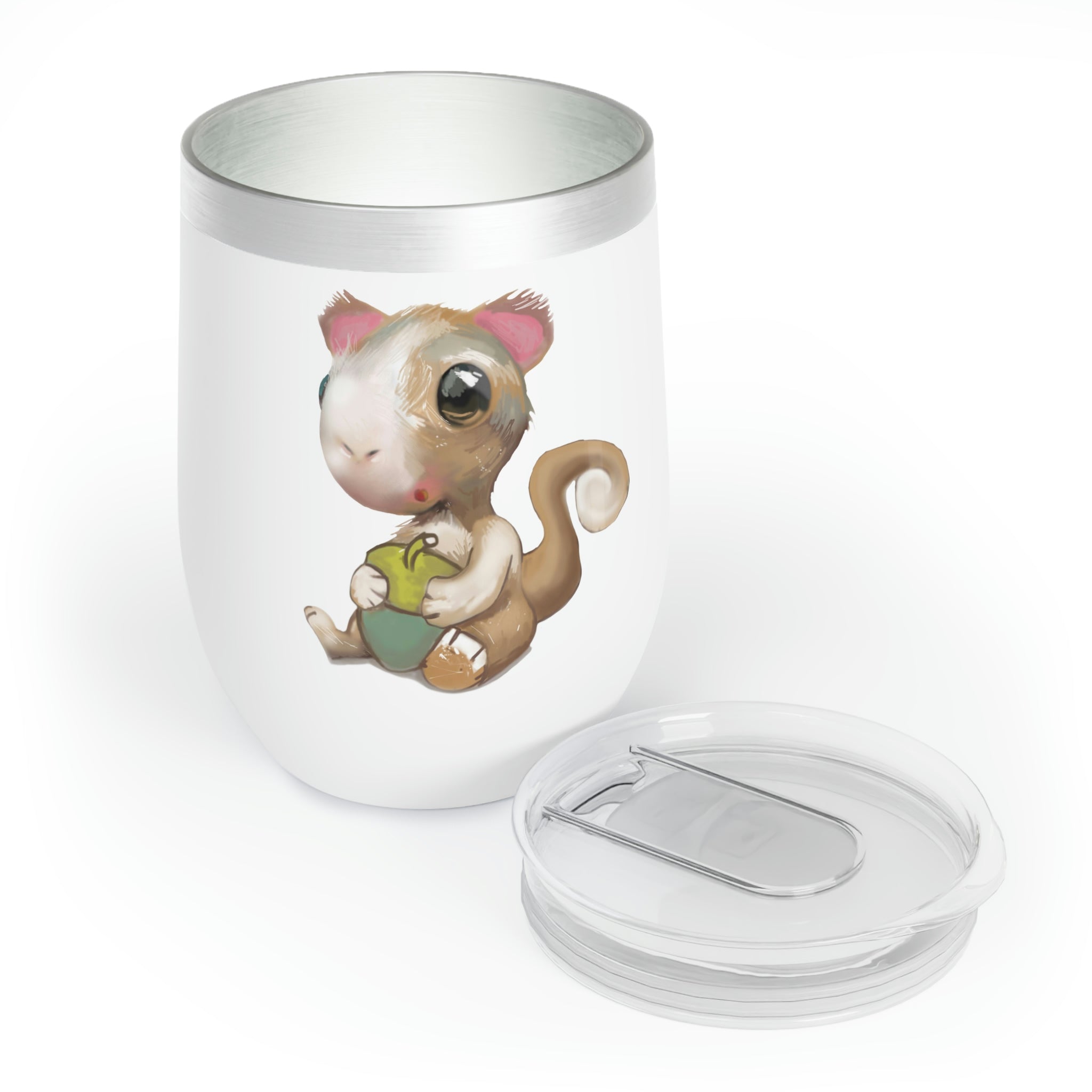 Squirrel Chill Wine Tumbler in stainless steel with a customizable design, showcasing its double-insulated walls and stemless shape.