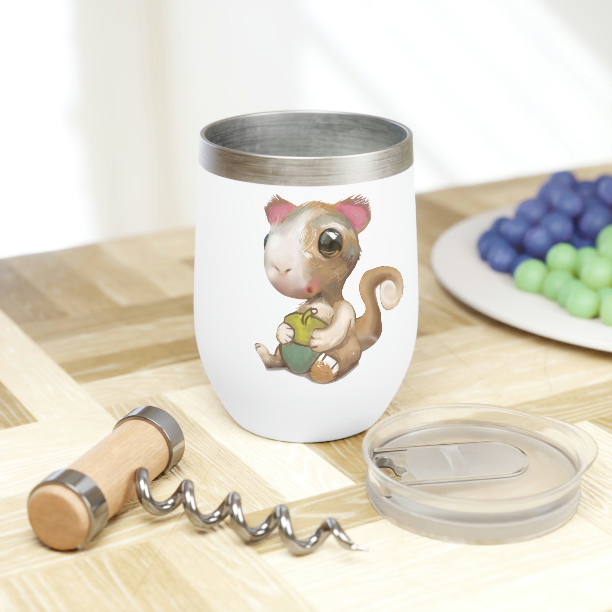 Squirrel Chill Wine Tumbler in stainless steel with a customizable design, showcasing its double-insulated walls and stemless shape.