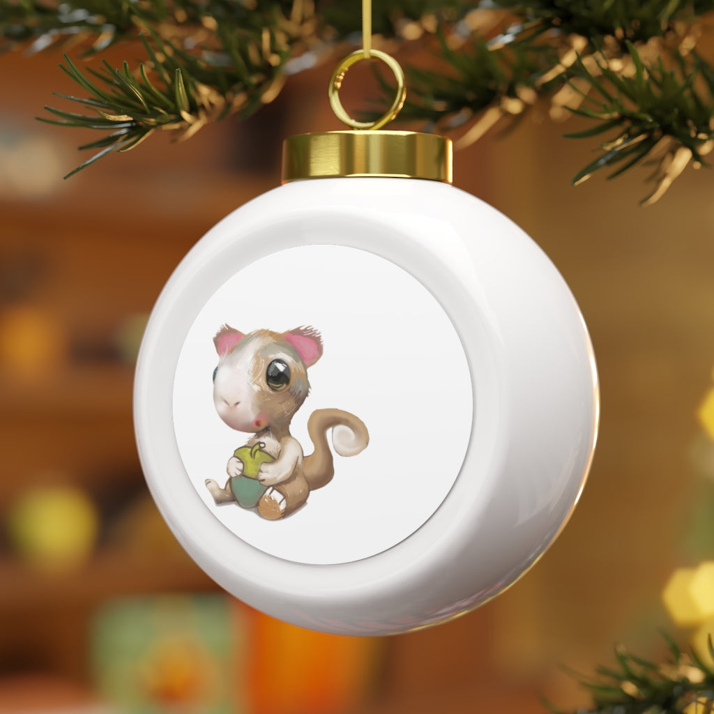 A beautifully crafted Squirrel Christmas Ball Ornament with a glossy finish, featuring a gold ribbon for hanging and a vintage design.