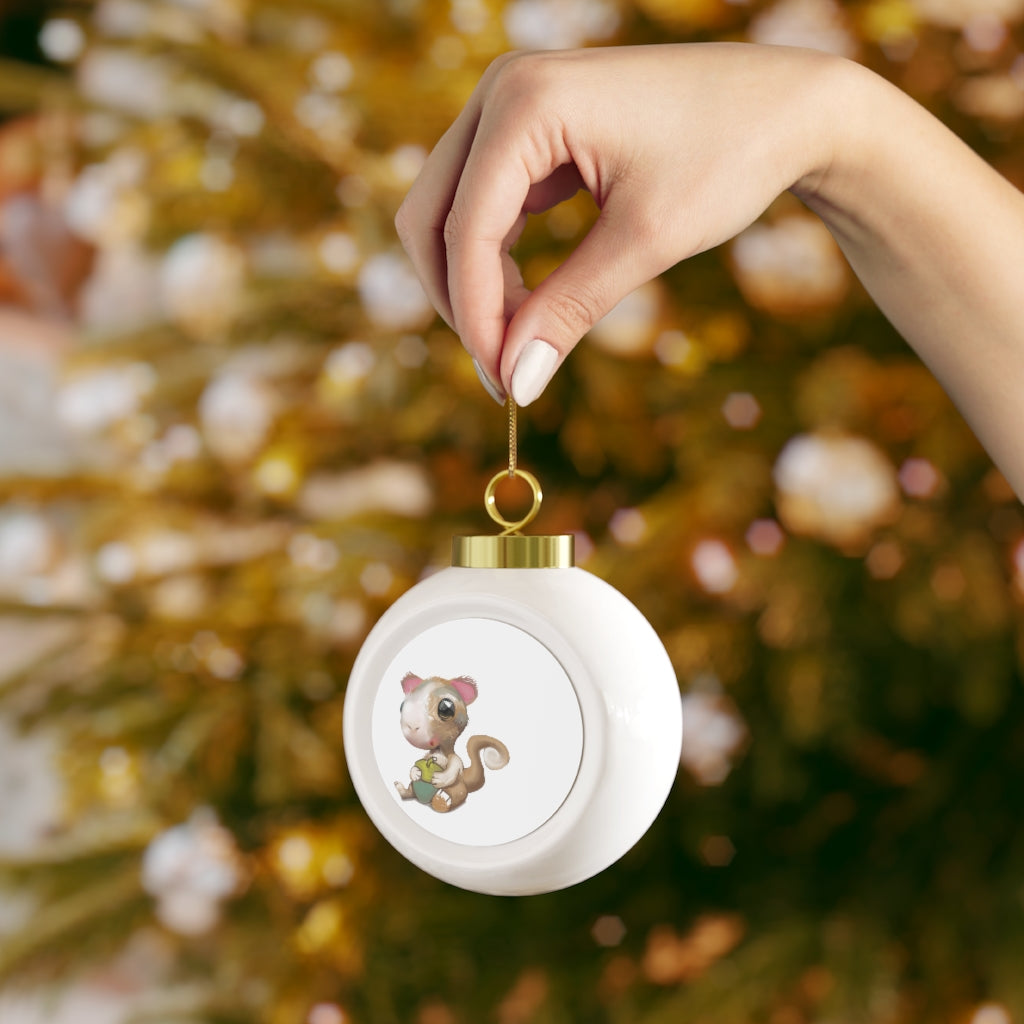 A beautifully crafted Squirrel Christmas Ball Ornament with a glossy finish, featuring a gold ribbon for hanging and a vintage design.