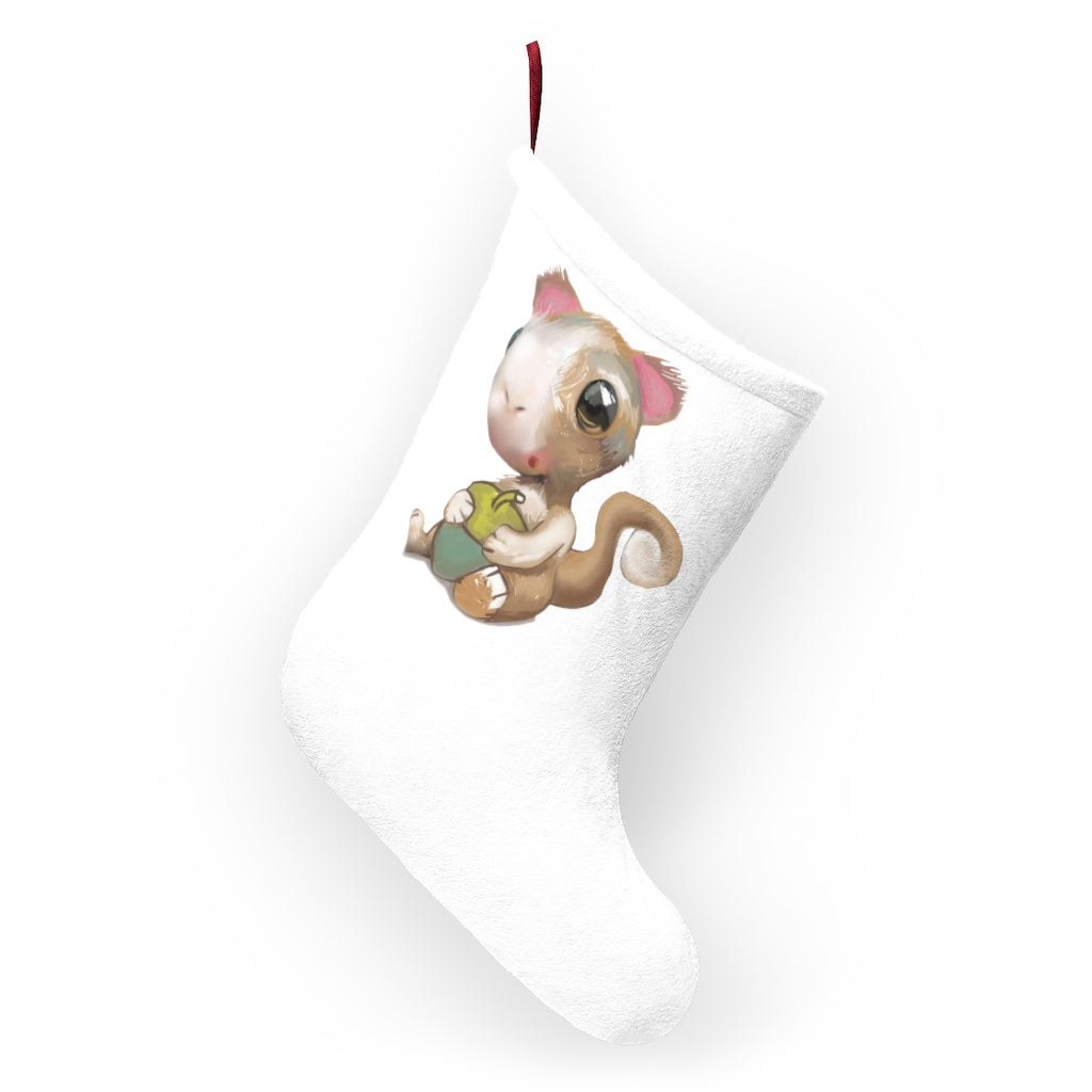 A cozy Squirrel Christmas Stocking made of soft polyester fleece, featuring a whimsical squirrel design and a twill ribbon hanging loop.