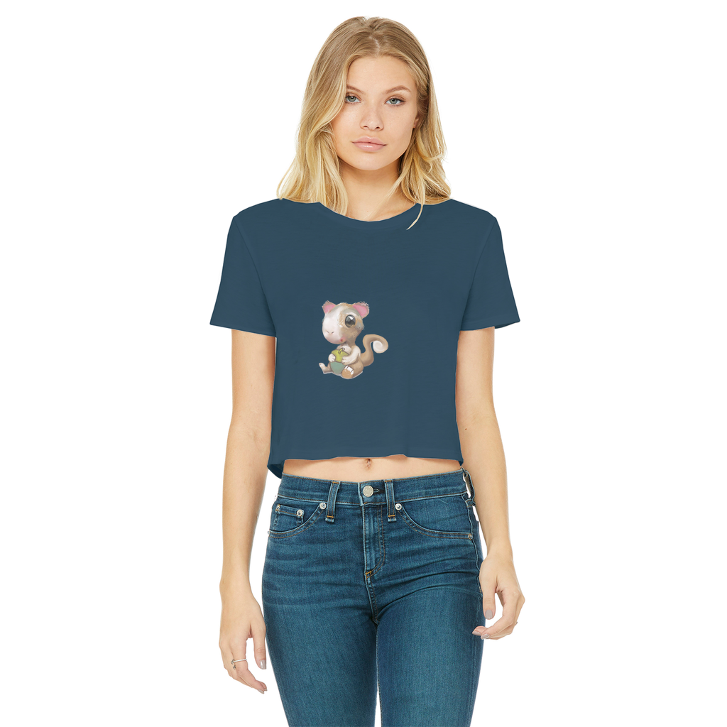 Squirrel Classic Women's Cropped Raw Edge T-Shirt featuring a round neck, short sleeves, and a stylish raw edge hem in various colors.