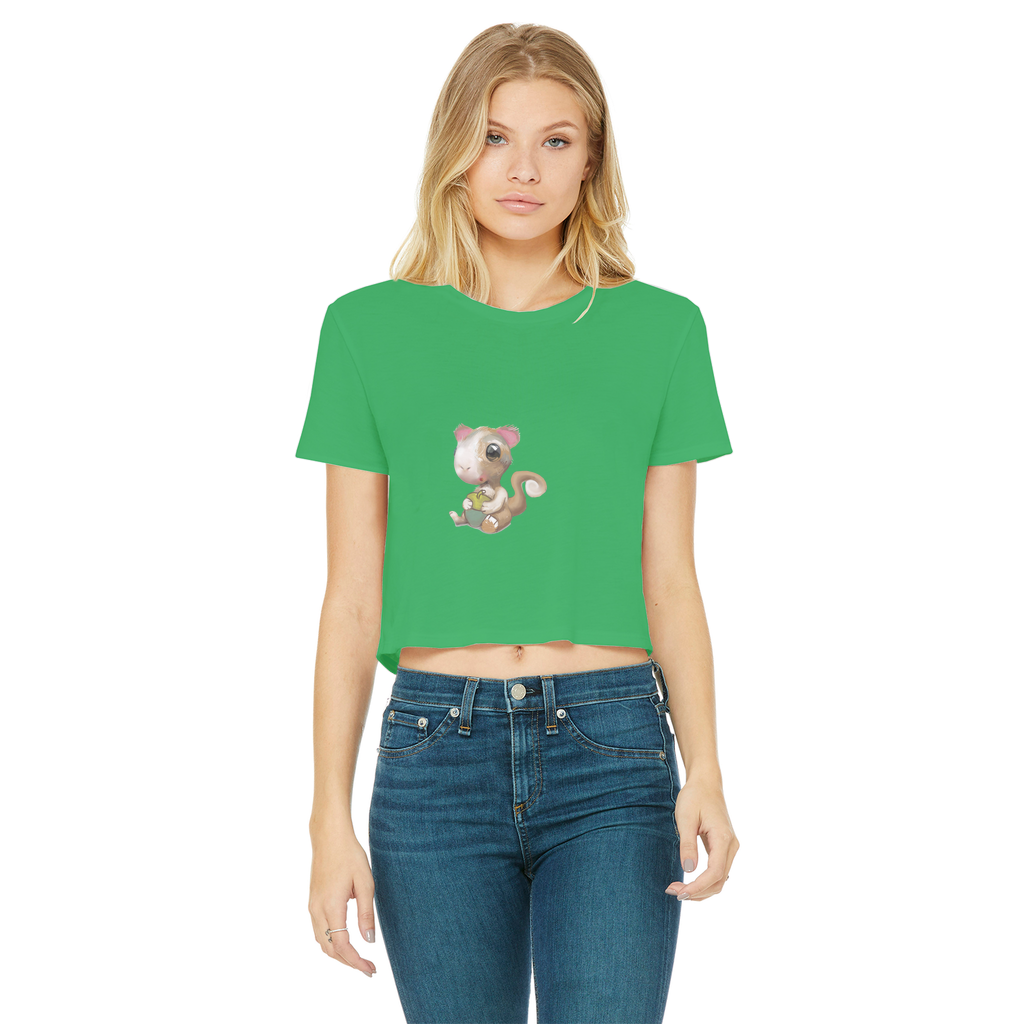 Squirrel Classic Women's Cropped Raw Edge T-Shirt featuring a round neck, short sleeves, and a stylish raw edge hem in various colors.