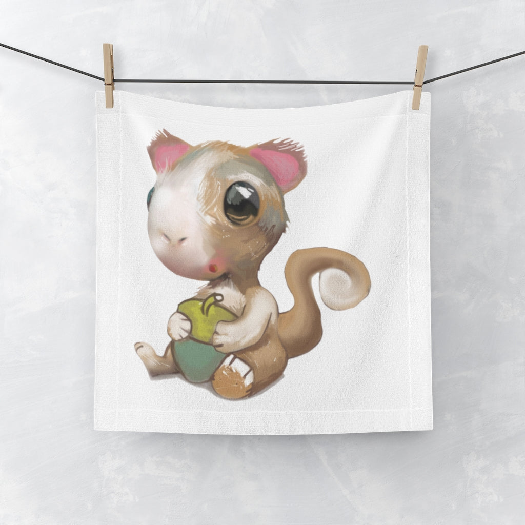 A colorful Squirrel Face Towel featuring a vibrant squirrel design on a soft polyester front and absorbent cotton back, perfect for bathroom use.