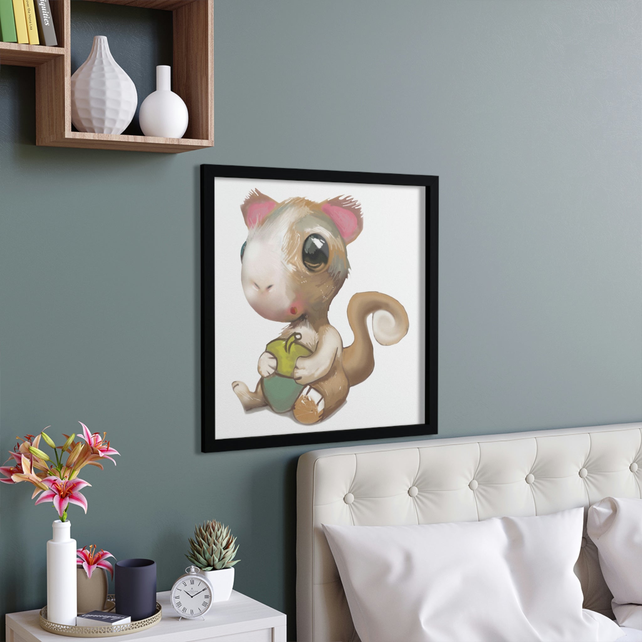 A beautifully framed poster featuring a squirrel, showcasing vibrant colors and a hand-crafted wooden frame, perfect for home decor.