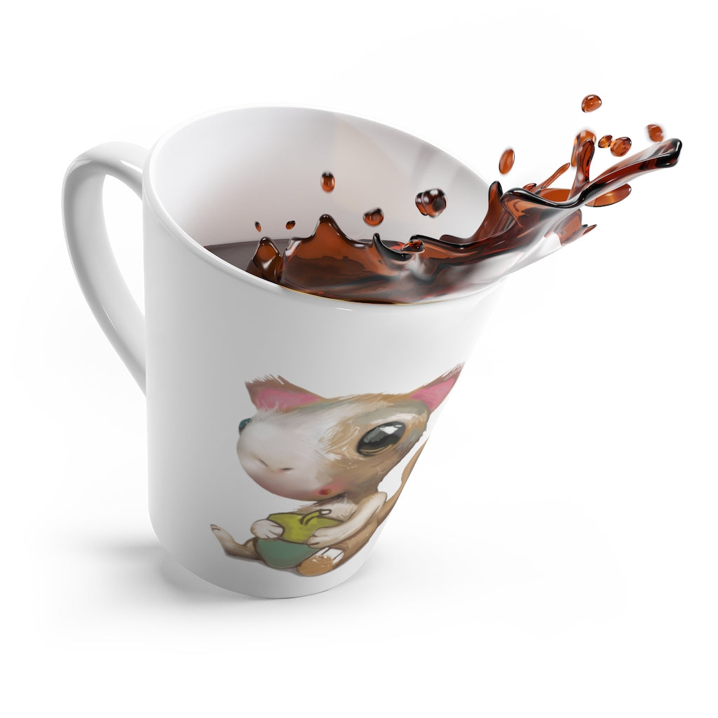 A charming white ceramic latte mug featuring a playful squirrel design, perfect for coffee lovers.