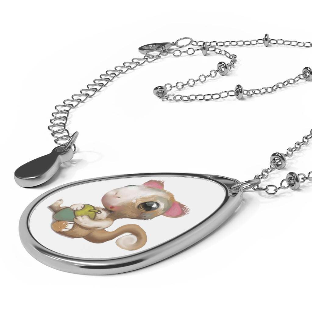 Squirrel Oval Necklace featuring a unique ellipse-shaped brass pendant with an aluminum print panel and a lobster clasp closure.