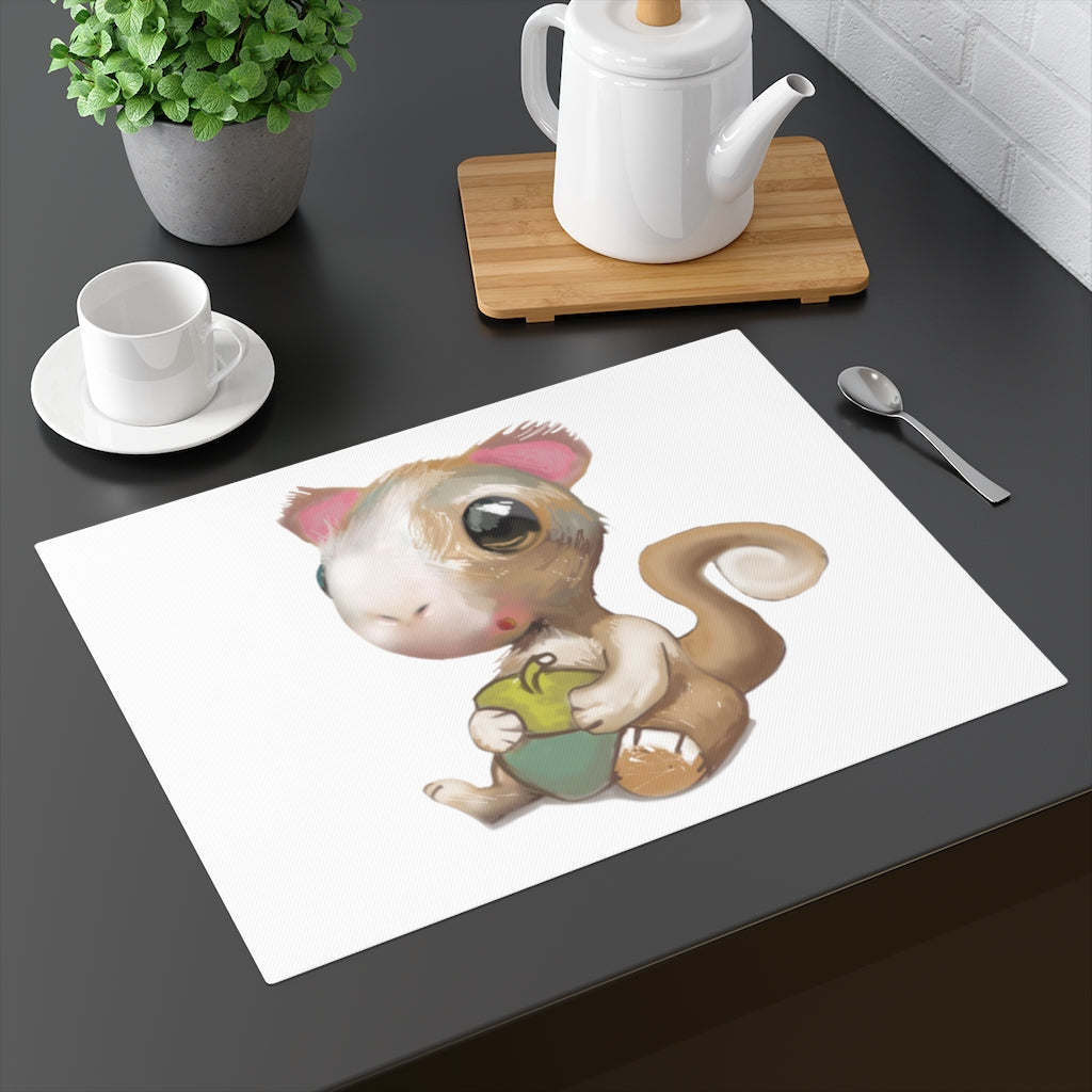 A charming Squirrel Placemat featuring a playful squirrel design on one side, made from durable cotton for everyday use.