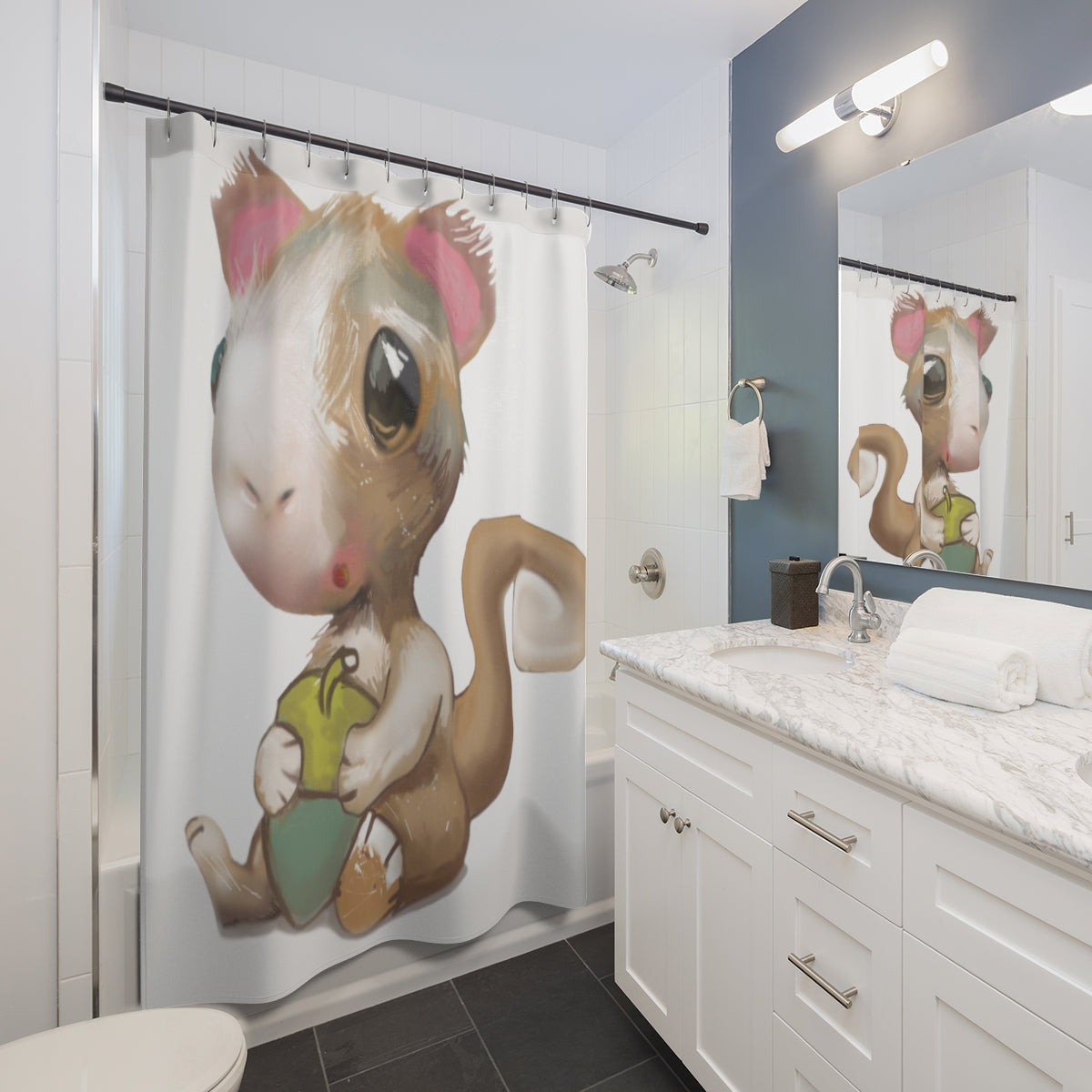 Colorful Squirrel Shower Curtain made of durable polyester, featuring playful squirrel designs, perfect for bathroom decor.