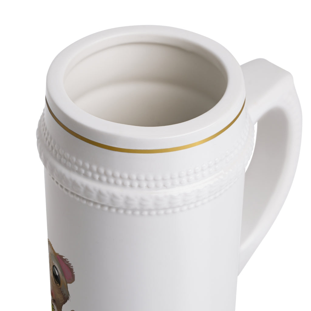 A stylish Squirrel Stein Mug made of durable white ceramic with ribbed outlines, showcasing its elegant design and customizable surface.