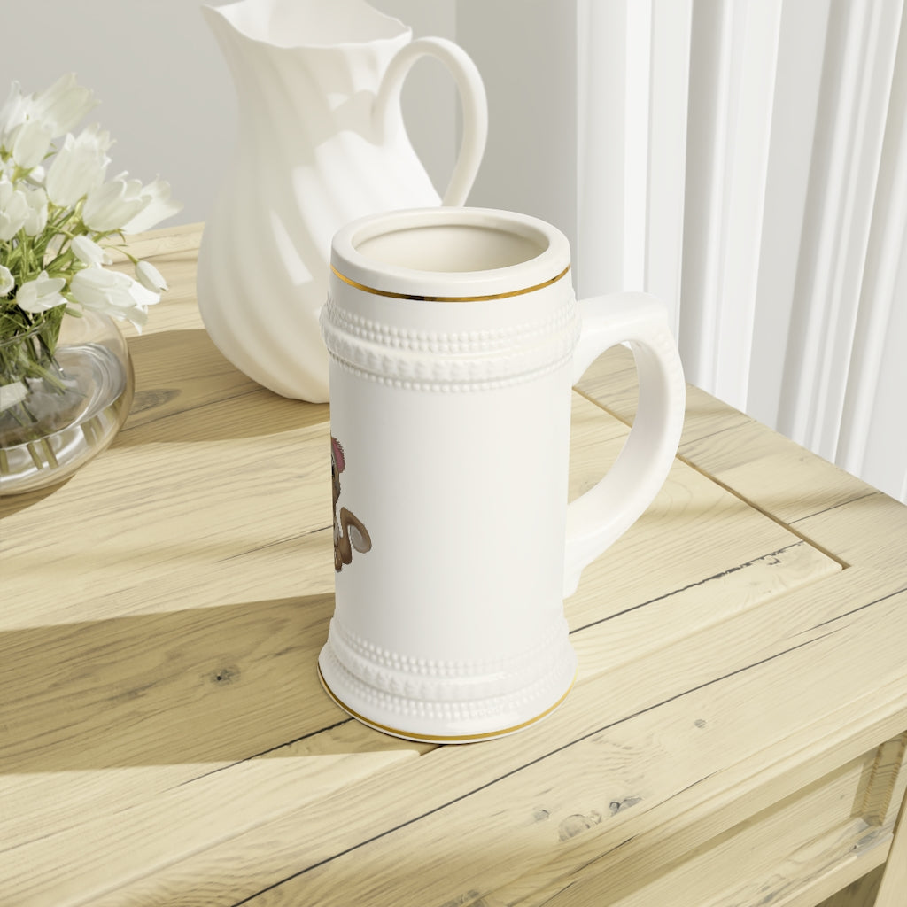 A stylish Squirrel Stein Mug made of durable white ceramic with ribbed outlines, showcasing its elegant design and customizable surface.