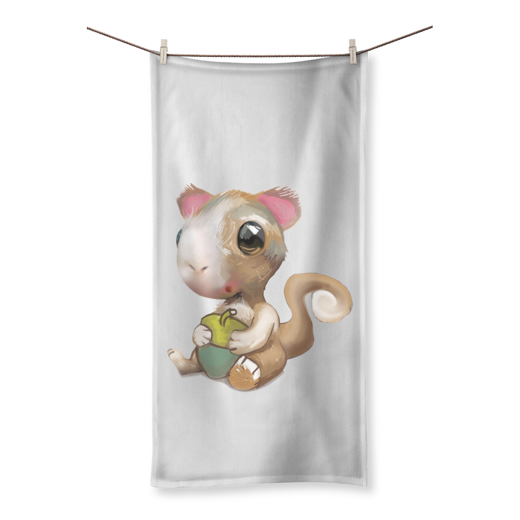 Squirrel Sublimation All Over Towel featuring vibrant prints on one side and soft cotton backing on the other, available in various sizes.