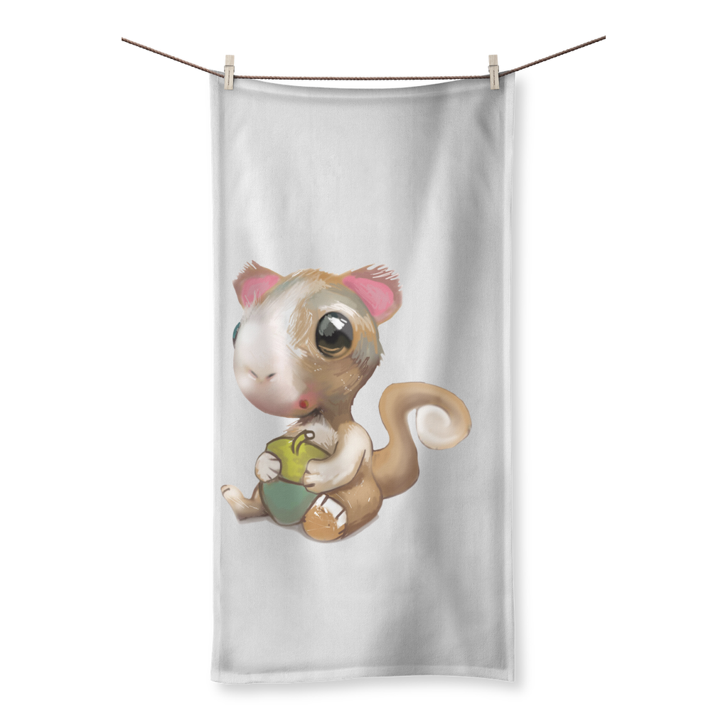 Squirrel Sublimation All Over Towel featuring vibrant prints on one side and soft cotton backing on the other, available in various sizes.