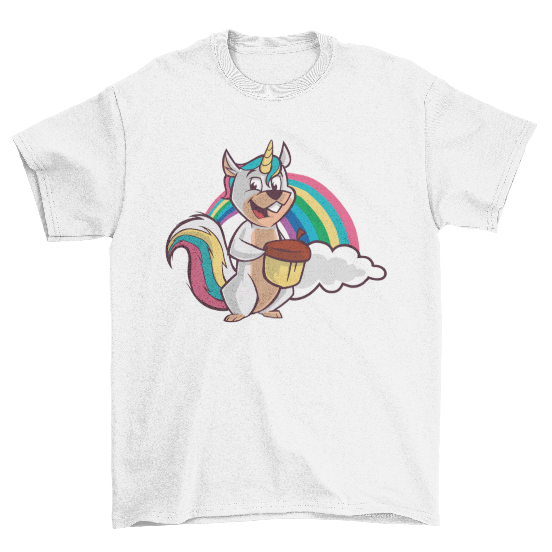 A colorful t-shirt featuring a unicorn squirrel with rainbow hair holding an acorn, perfect for animal lovers.