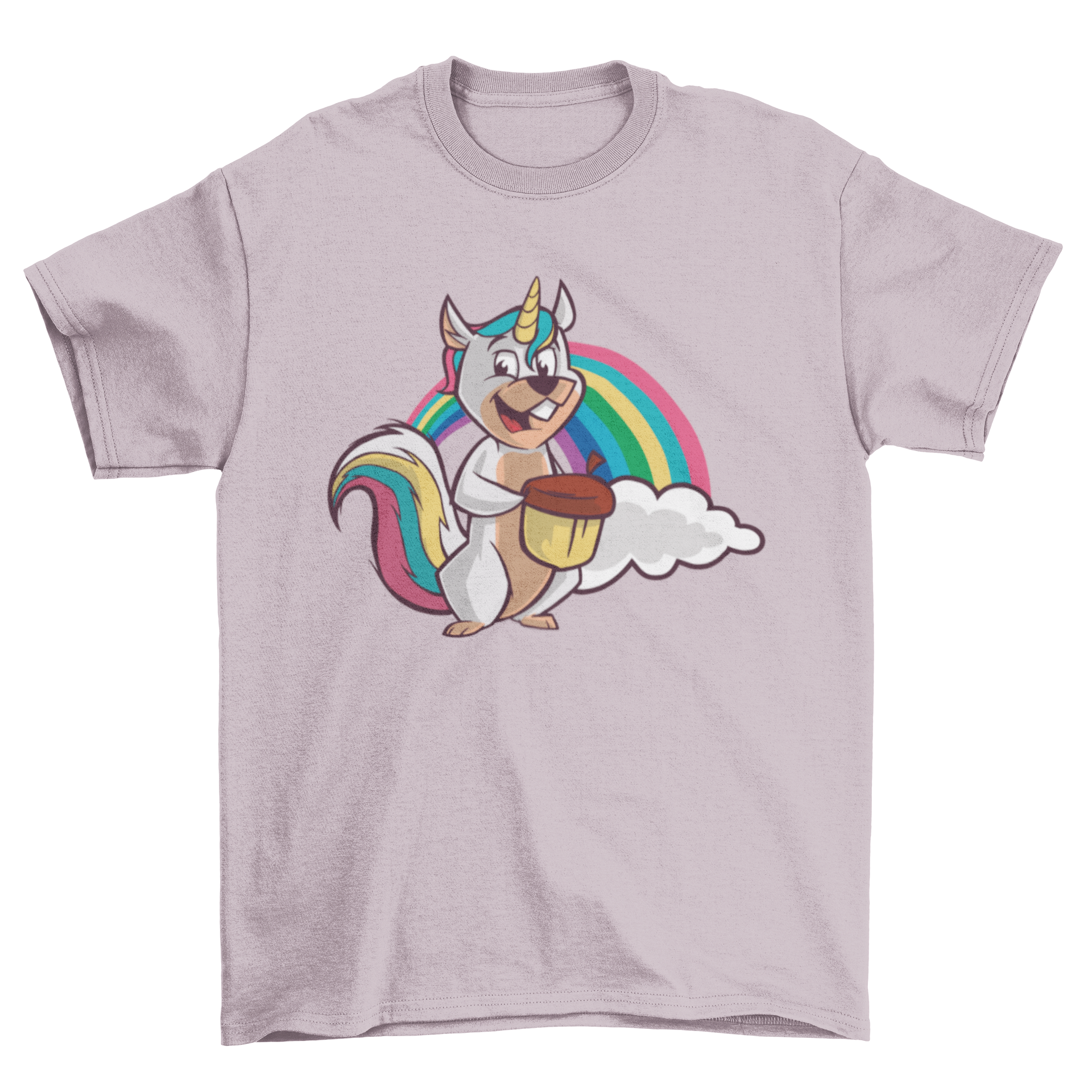 A colorful t-shirt featuring a unicorn squirrel with rainbow hair holding an acorn, perfect for animal lovers.