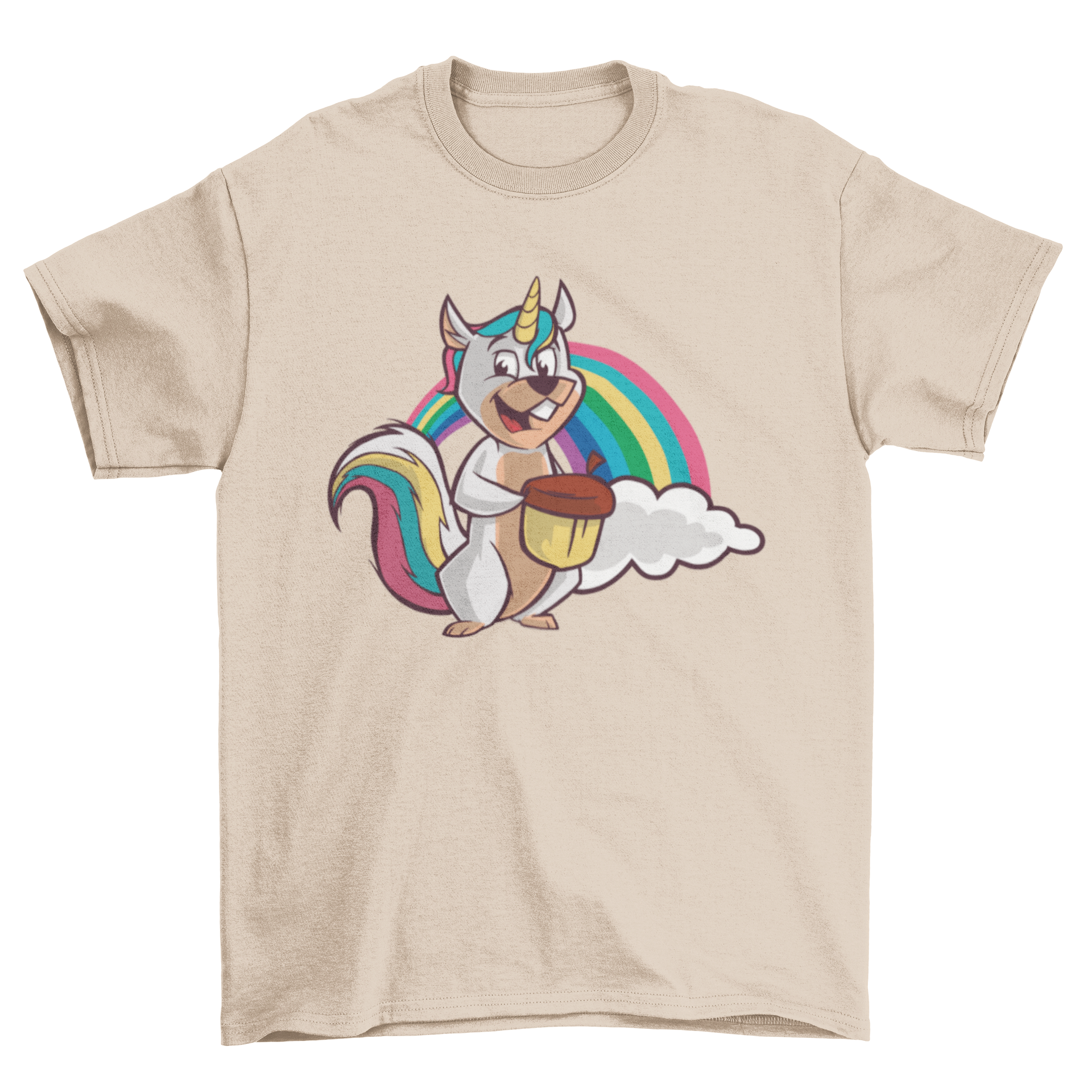 A colorful t-shirt featuring a unicorn squirrel with rainbow hair holding an acorn, perfect for animal lovers.