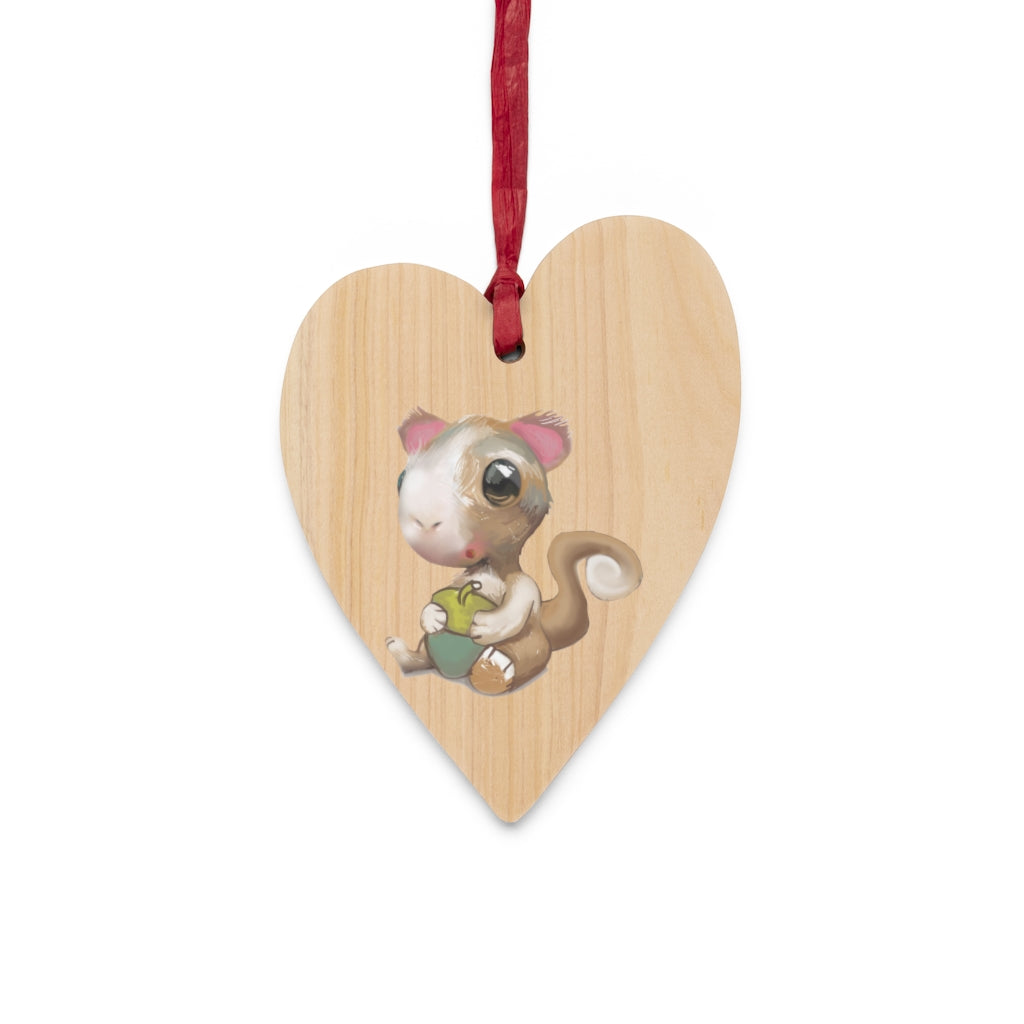 A collection of Squirrel Wooden Christmas Ornaments in various whimsical shapes, featuring a rustic wooden finish and red ribbons for hanging.