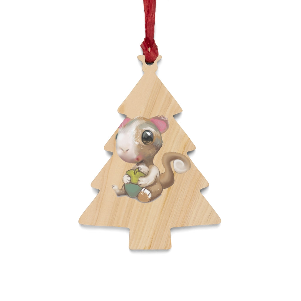 A collection of Squirrel Wooden Christmas Ornaments in various whimsical shapes, featuring a rustic wooden finish and red ribbons for hanging.