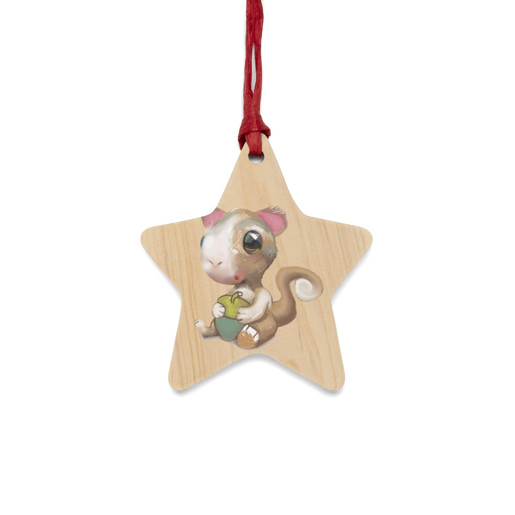 A collection of Squirrel Wooden Christmas Ornaments in various whimsical shapes, featuring a rustic wooden finish and red ribbons for hanging.