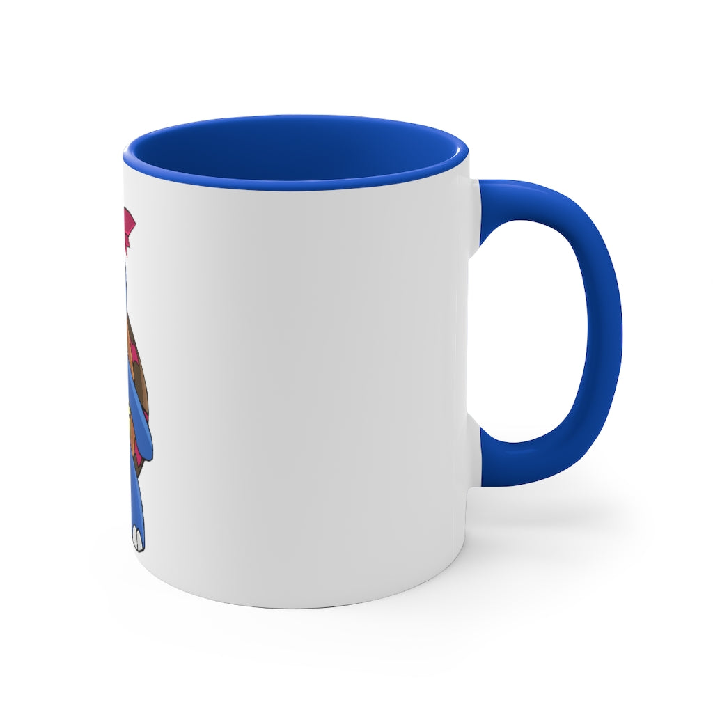 Squirtila 11oz Accent Mug featuring a white ceramic body with a colored interior and handle, showcasing vibrant color schemes.