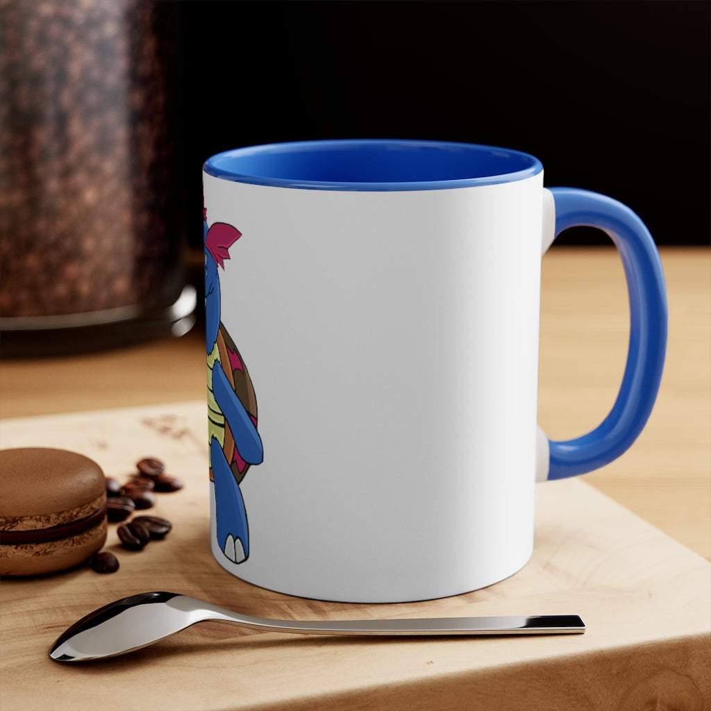 Squirtila 11oz Accent Mug featuring a white ceramic body with a colored interior and handle, showcasing vibrant color schemes.