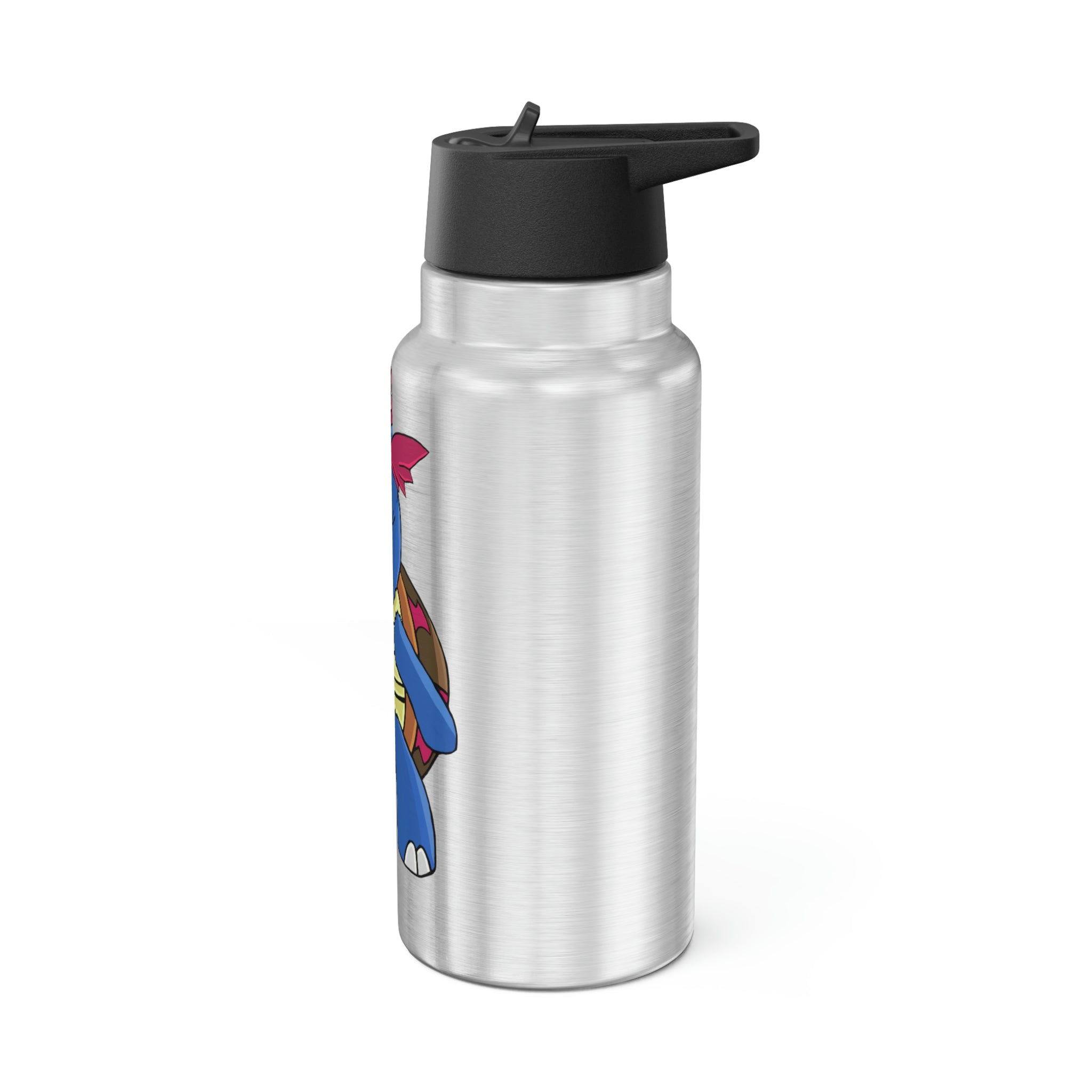 Squirtila Gator Tumbler in stainless steel with a black cap and plastic straw, showcasing a customizable design.