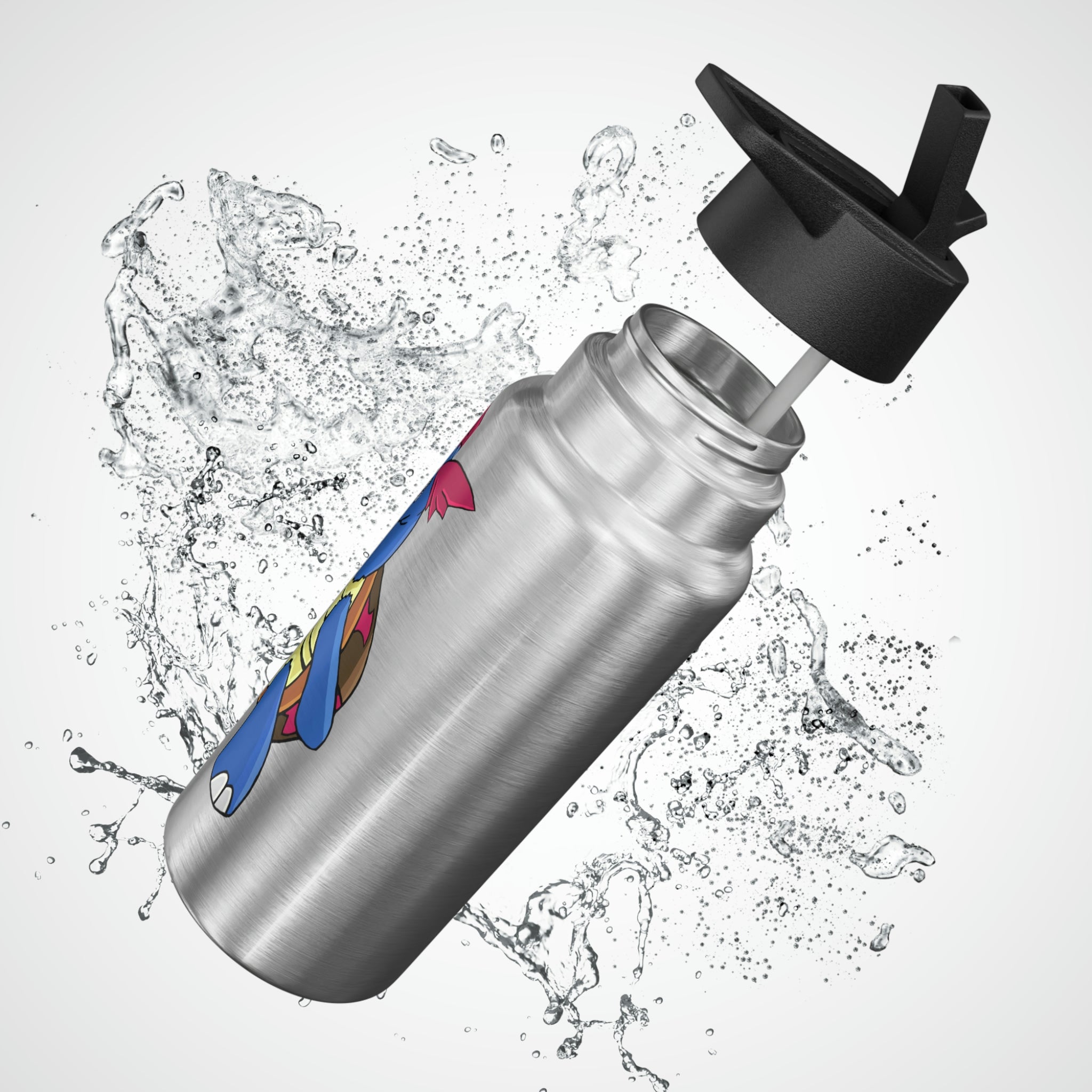 Squirtila Gator Tumbler in stainless steel with a black cap and plastic straw, showcasing a customizable design.