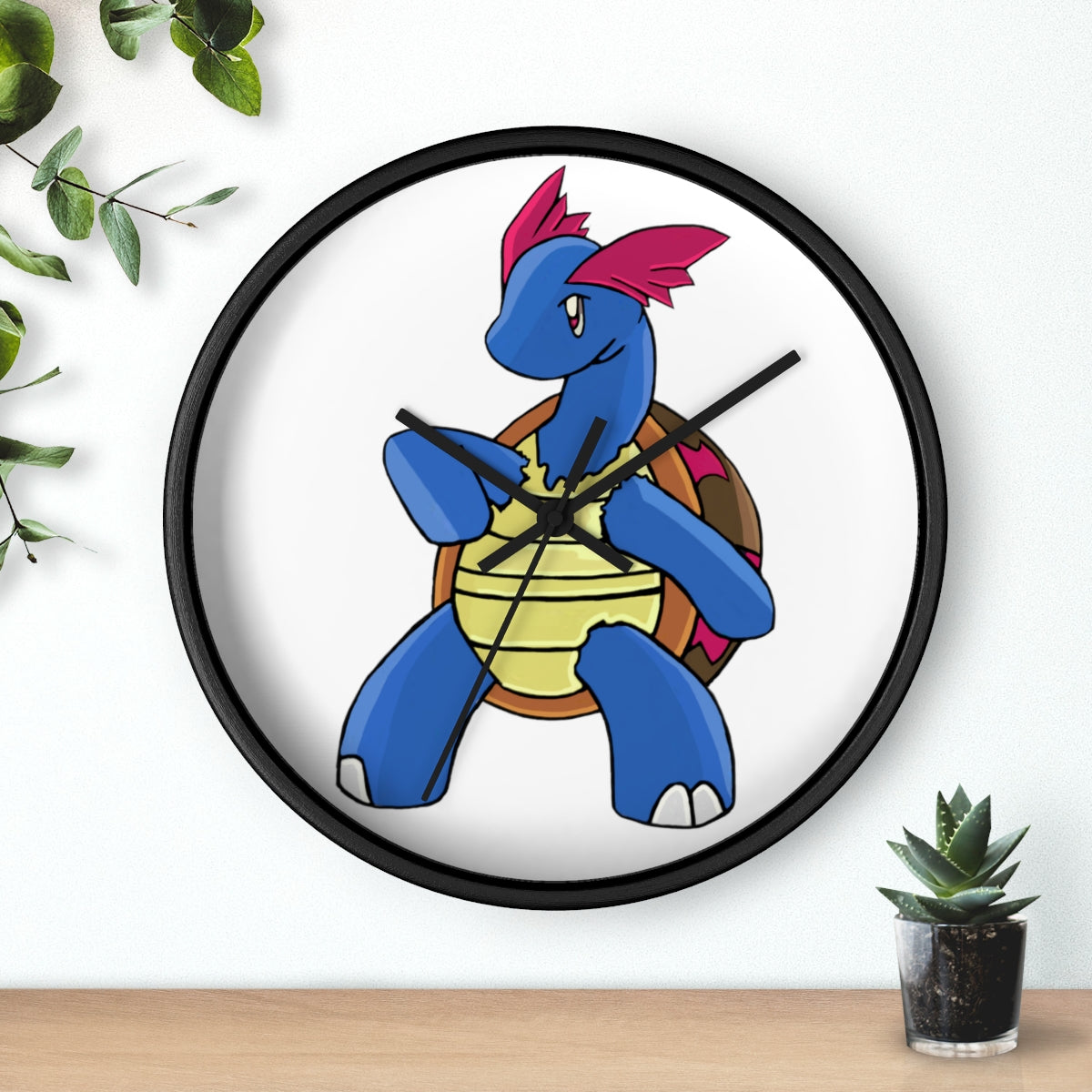 Squirtila Wall Clock featuring a wooden frame and plexiglass face, ideal for indoor use.