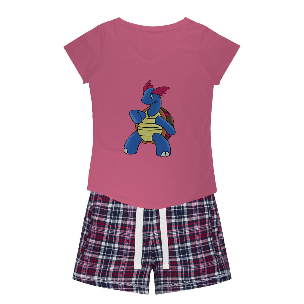 Squirtila Women's Sleepy Tee and Flannel Short set featuring a relaxed fit T-shirt with a soft v-neckline and vibrant flannel shorts.