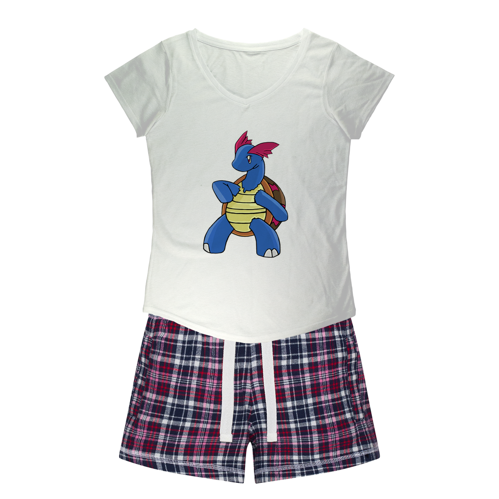 Squirtila Women's Sleepy Tee and Flannel Short set featuring a relaxed fit T-shirt with a soft v-neckline and vibrant flannel shorts.