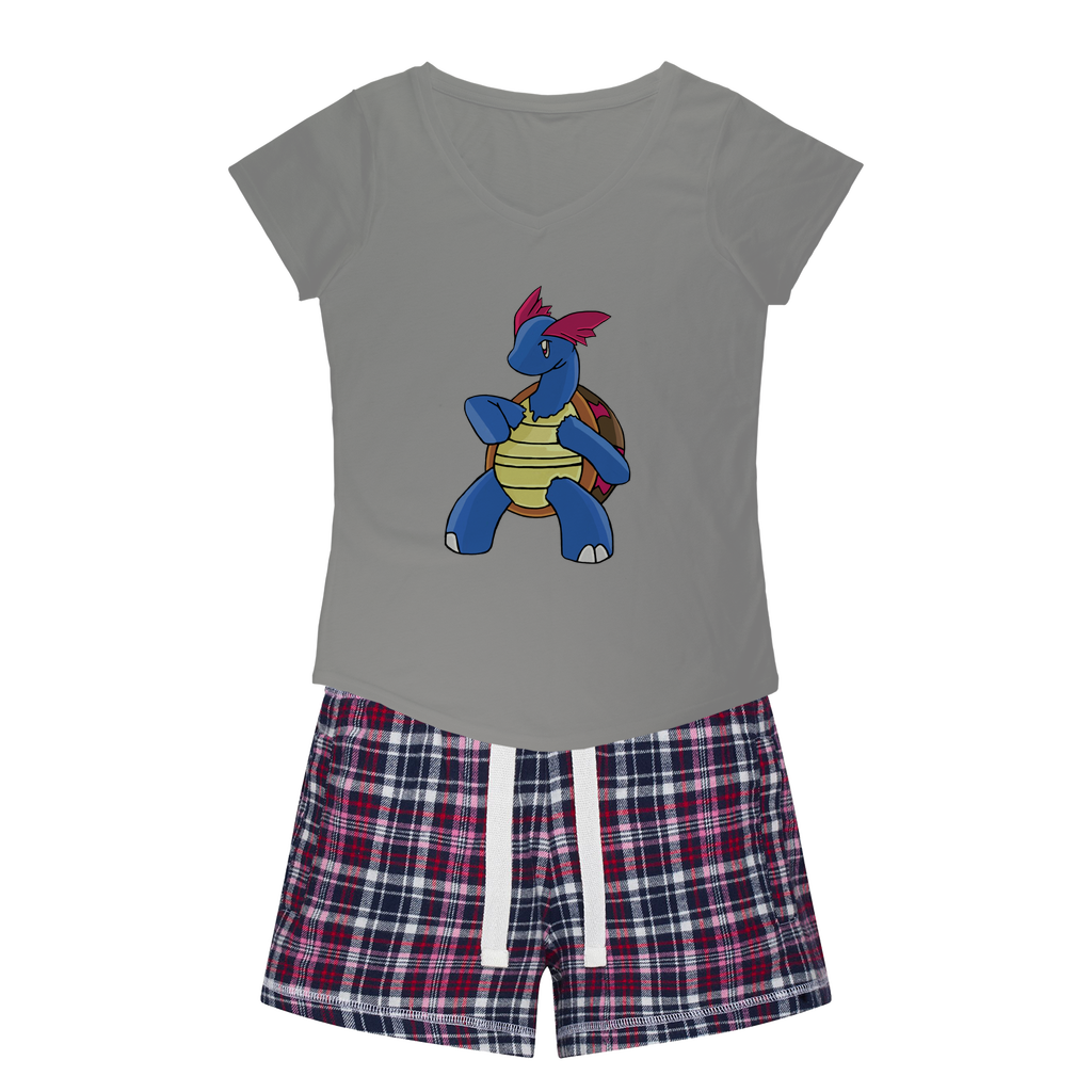 Squirtila Women's Sleepy Tee and Flannel Short set featuring a relaxed fit T-shirt with a soft v-neckline and vibrant flannel shorts.