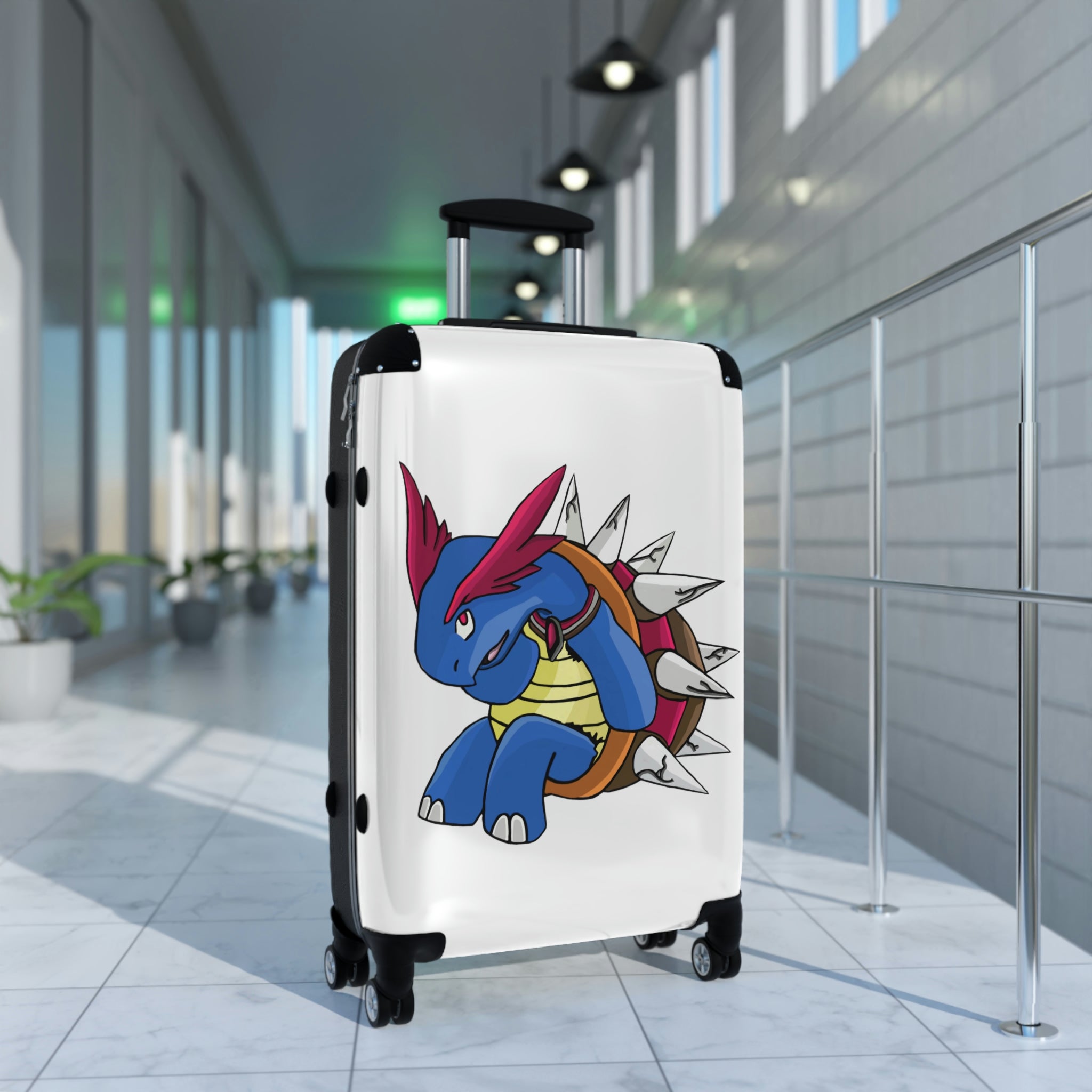 Squirtois Cabin Suitcase featuring a personalized design, durable polycarbonate front, and ABS back, with adjustable handle and 360° swivel wheels.