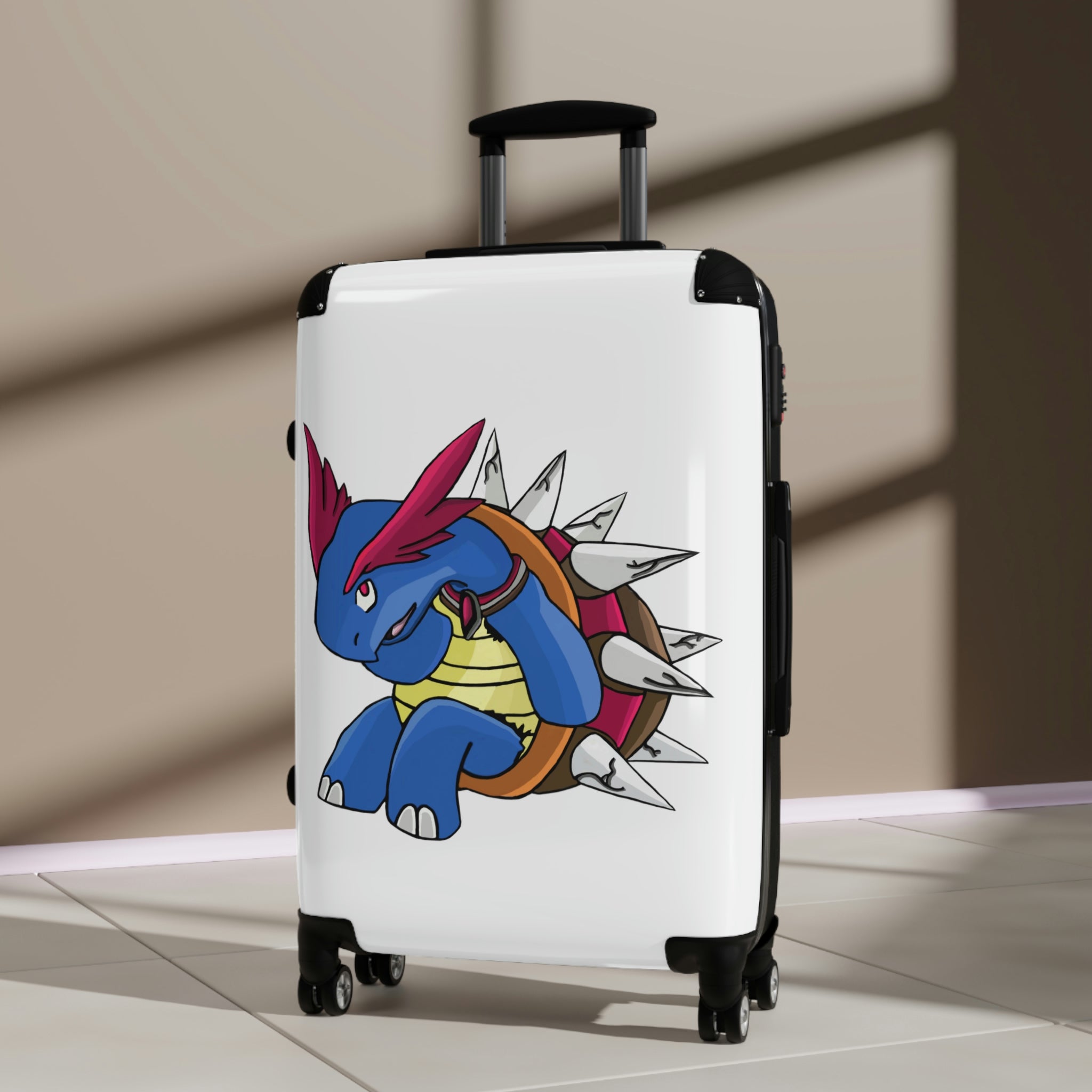 Squirtois Cabin Suitcase featuring a personalized design, durable polycarbonate front, and ABS back, with adjustable handle and 360° swivel wheels.