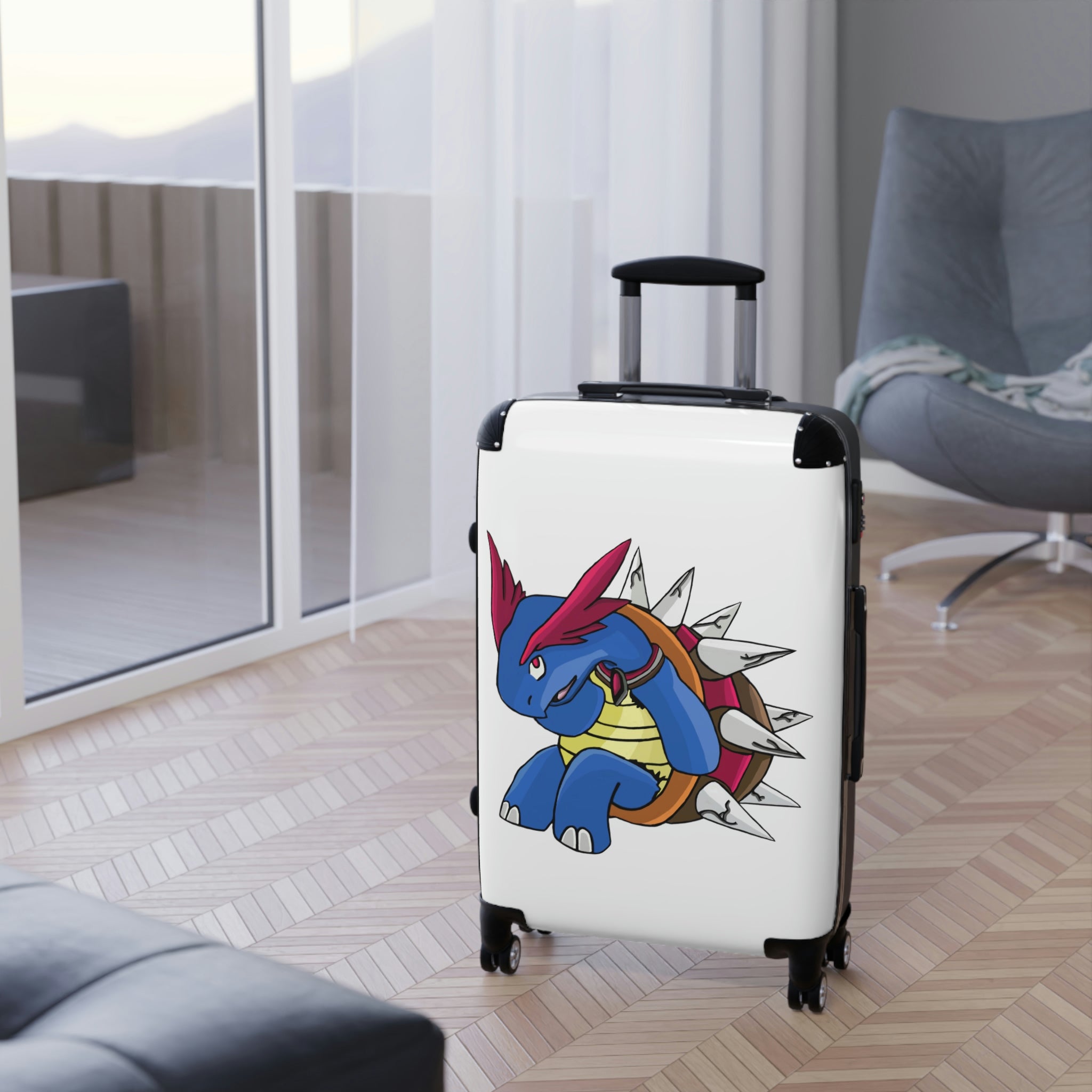 Squirtois Cabin Suitcase featuring a personalized design, durable polycarbonate front, and ABS back, with adjustable handle and 360° swivel wheels.