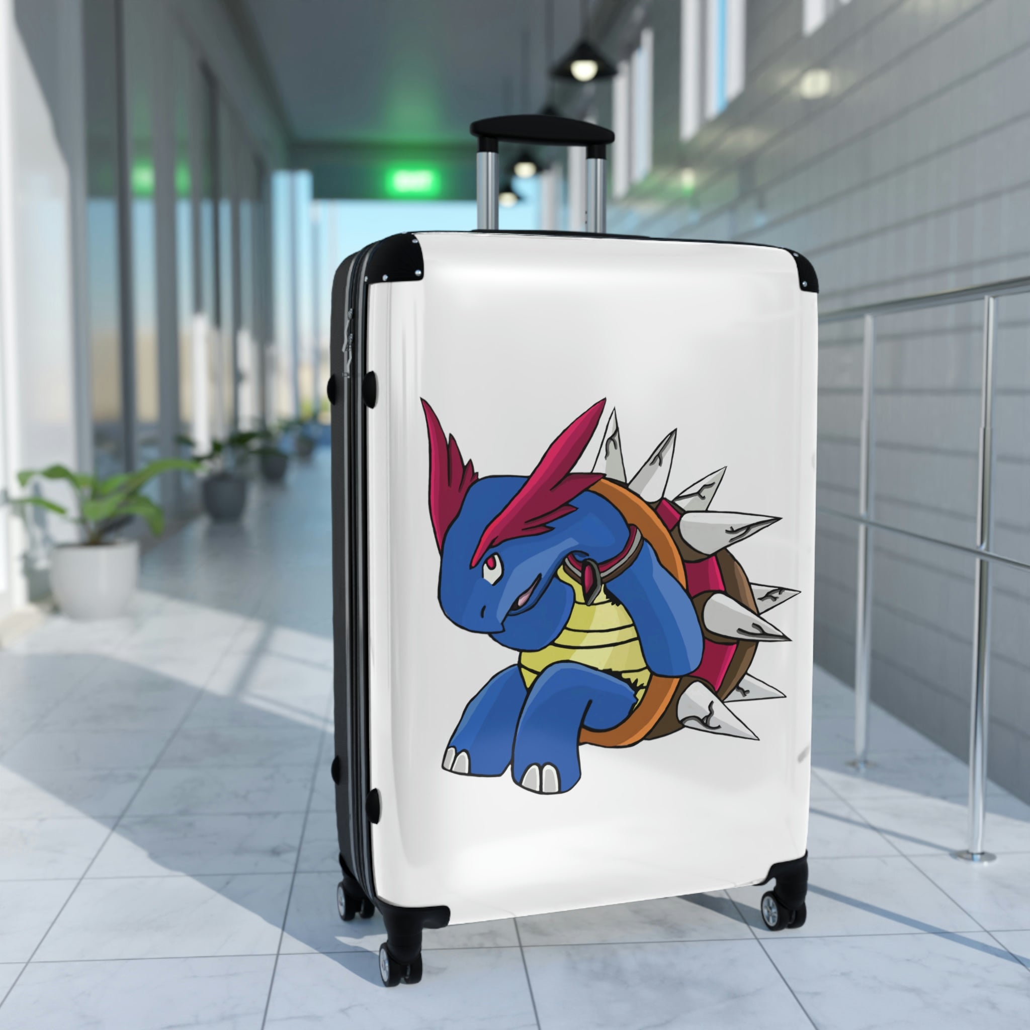 Squirtois Cabin Suitcase featuring a personalized design, durable polycarbonate front, and ABS back, with adjustable handle and 360° swivel wheels.