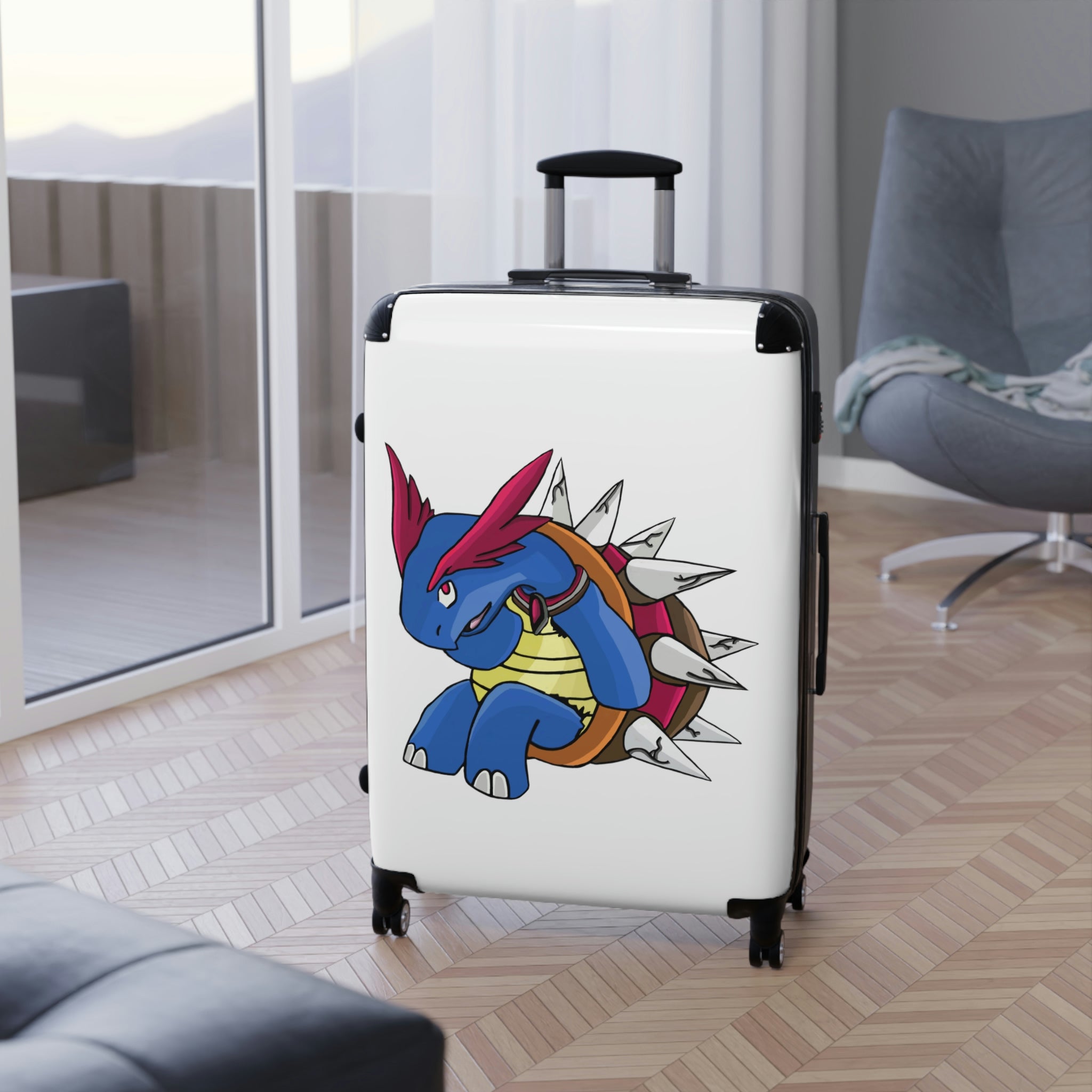 Squirtois Cabin Suitcase featuring a personalized design, durable polycarbonate front, and ABS back, with adjustable handle and 360° swivel wheels.